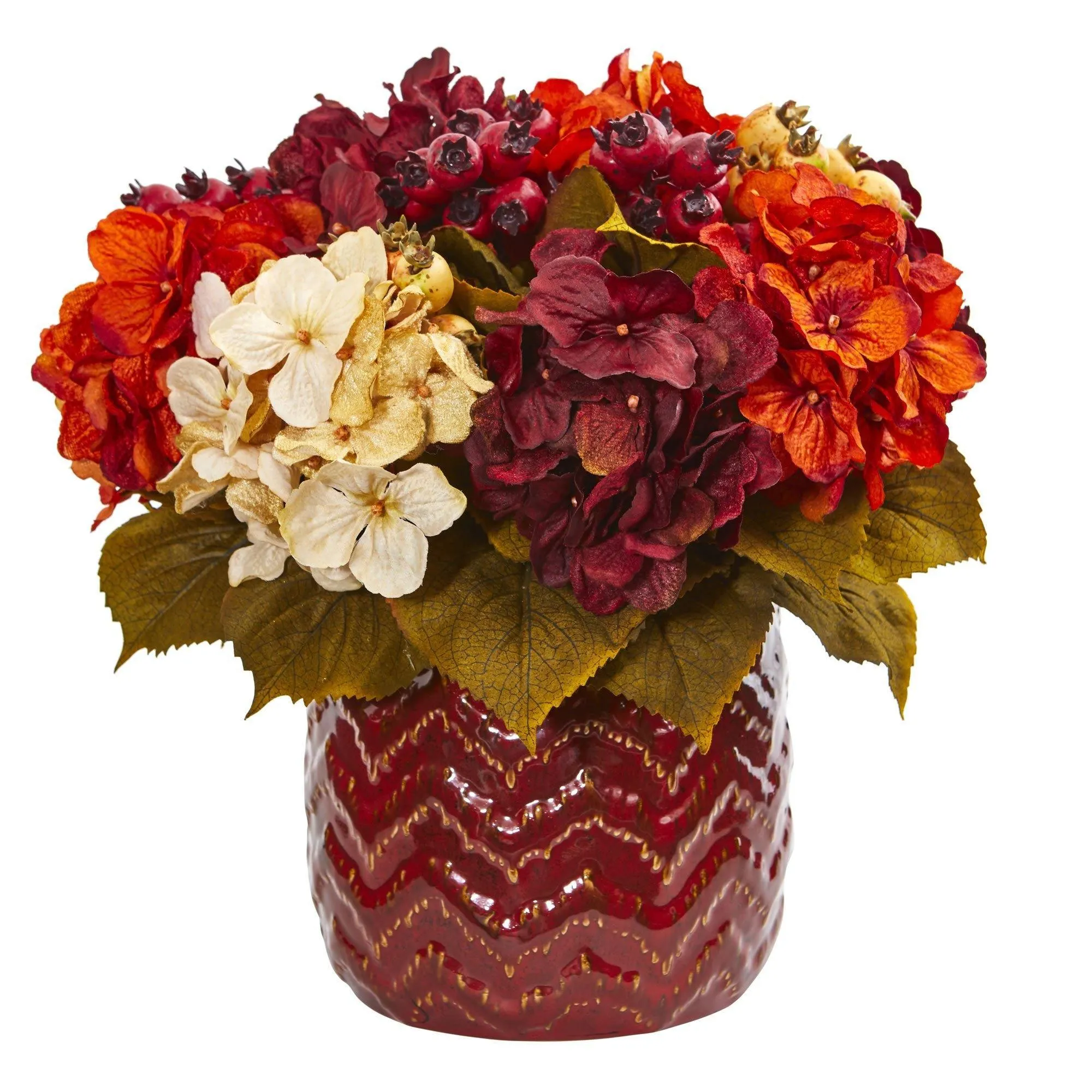 14" Hydrangea Berry Artificial Arrangement in Red Vase"