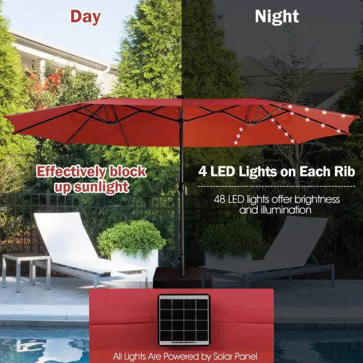 15 Feet Double-Sided Patio Umbrella with 48 LED Lights-Dark Red