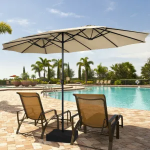 15 Feet Double-Sided Twin Patio Umbrella with Crank and Base Coffee in Outdoor Market-Beige