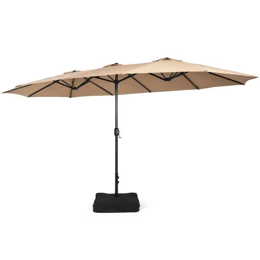 15 Feet Double-Sided Twin Patio Umbrella with Crank and Base Coffee in Outdoor Market-Brown