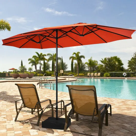 15 Feet Double-Sided Twin Patio Umbrella with Crank and Base Coffee in Outdoor Market-Orange