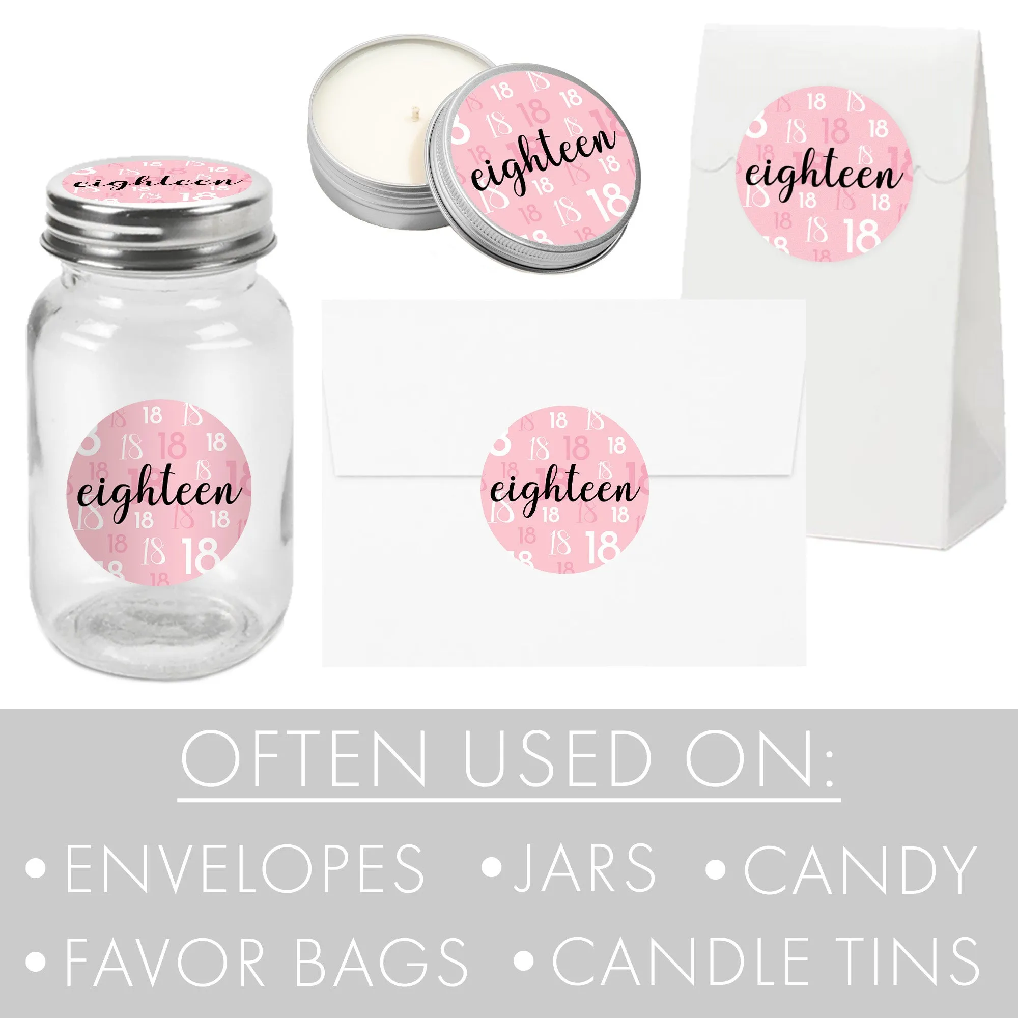 18th Birthday: Pink and Black - Adult Birthday - Round Favor Stickers - 40 Stickers