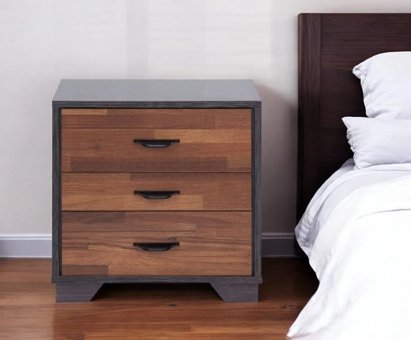 19" Espresso And Walnut Brown Three Drawer Wood Nightstand