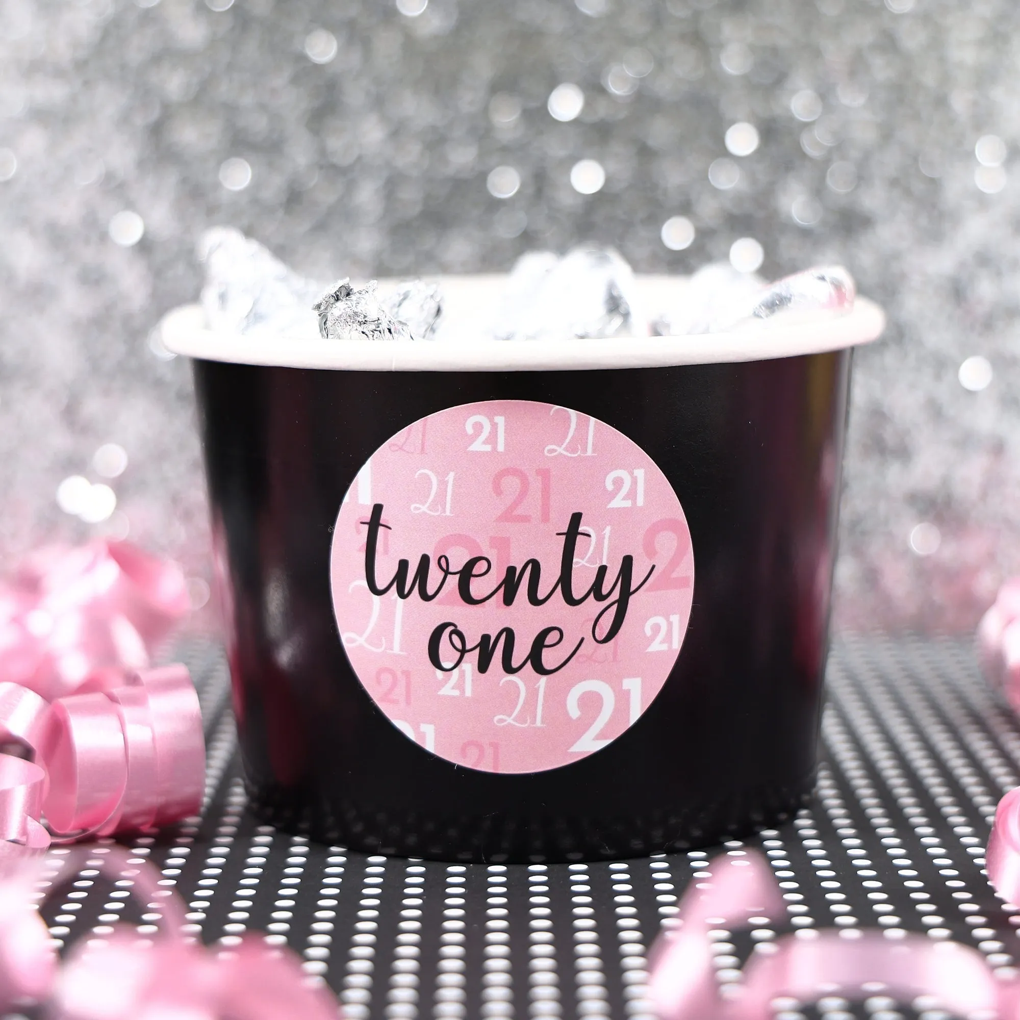 21st Birthday: Pink and Black - Adult Birthday - Round Favor Stickers - 40 Stickers