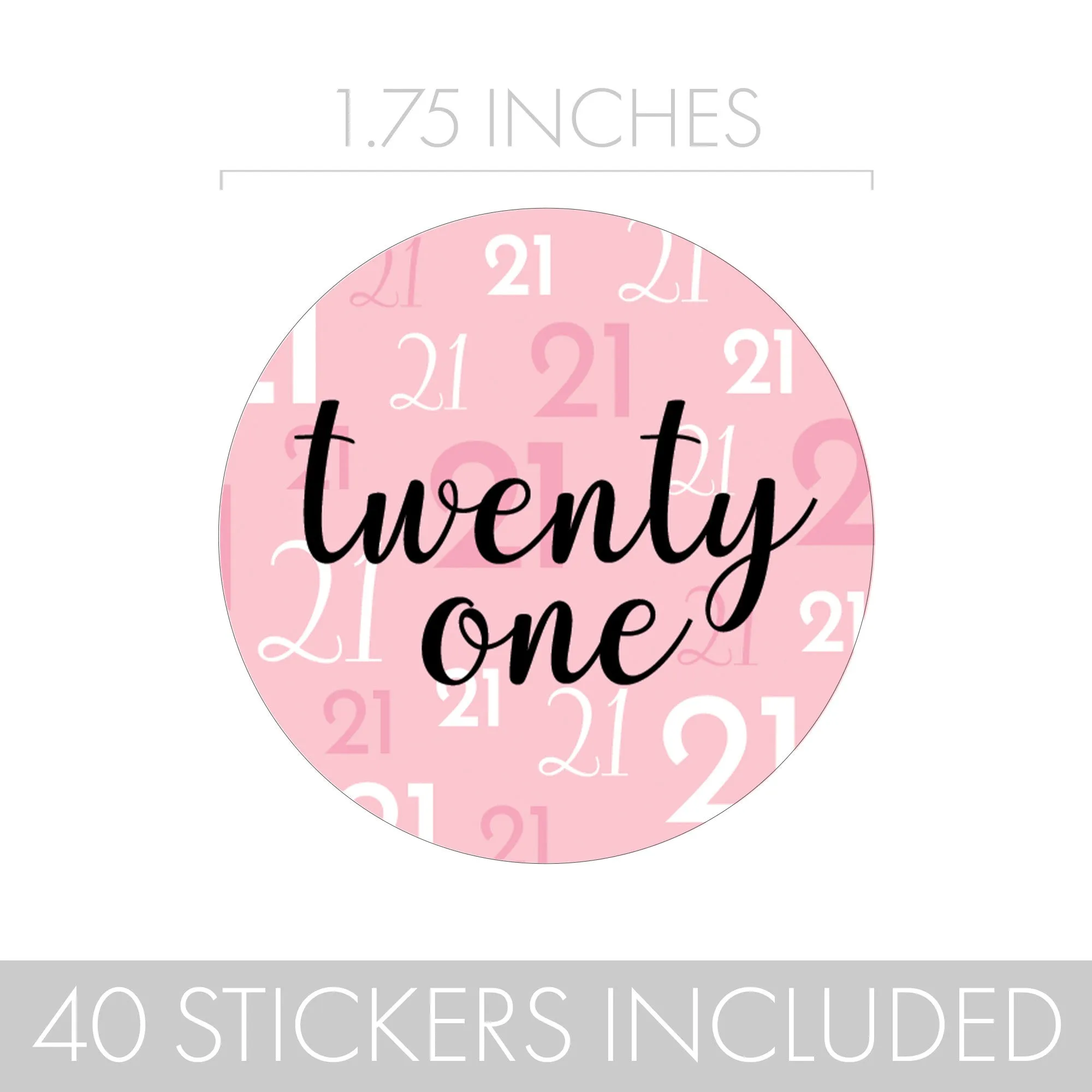 21st Birthday: Pink and Black - Adult Birthday - Round Favor Stickers - 40 Stickers