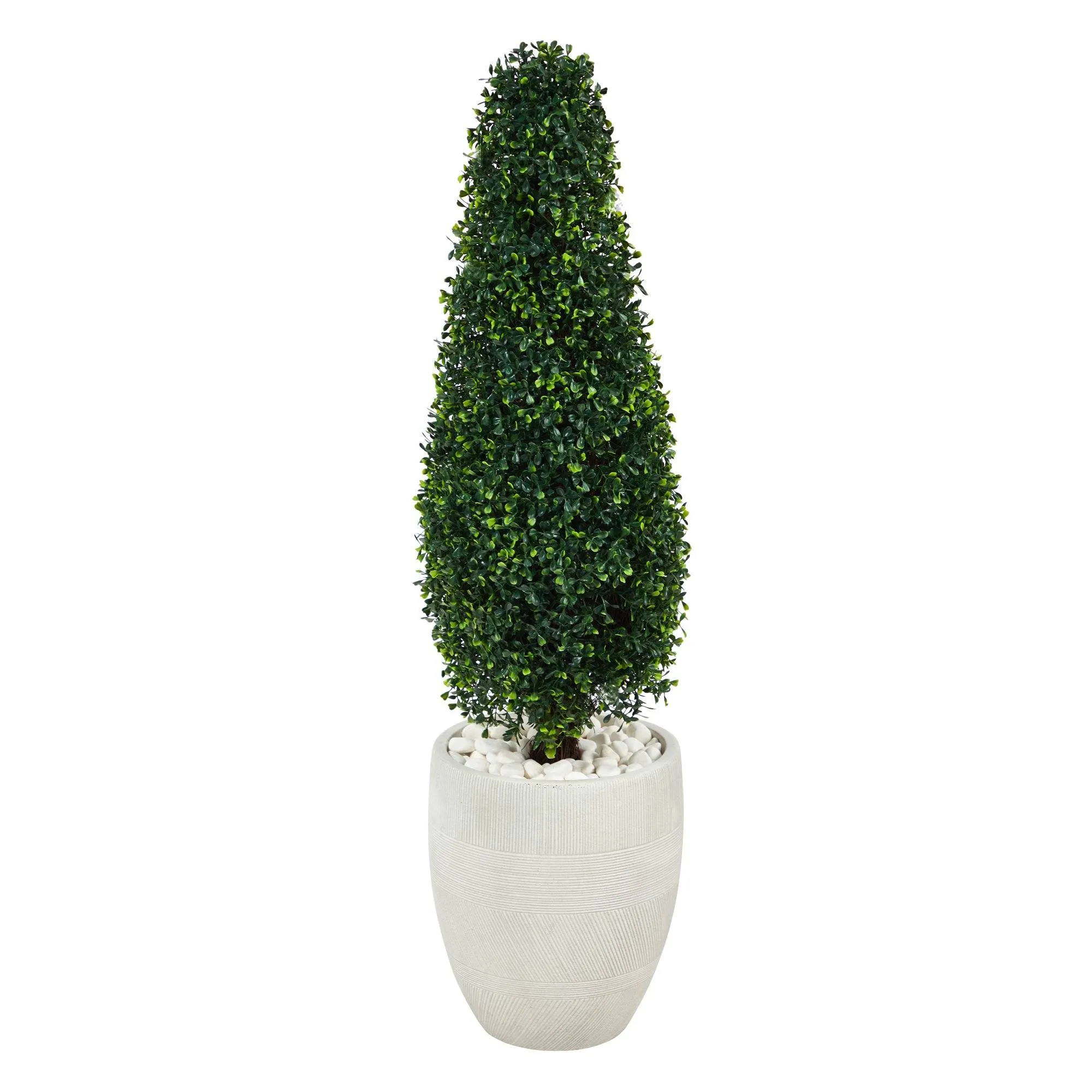 3.5’ Boxwood Tower Artificial Topiary Tree in White Planter (Indoor/Outdoor)