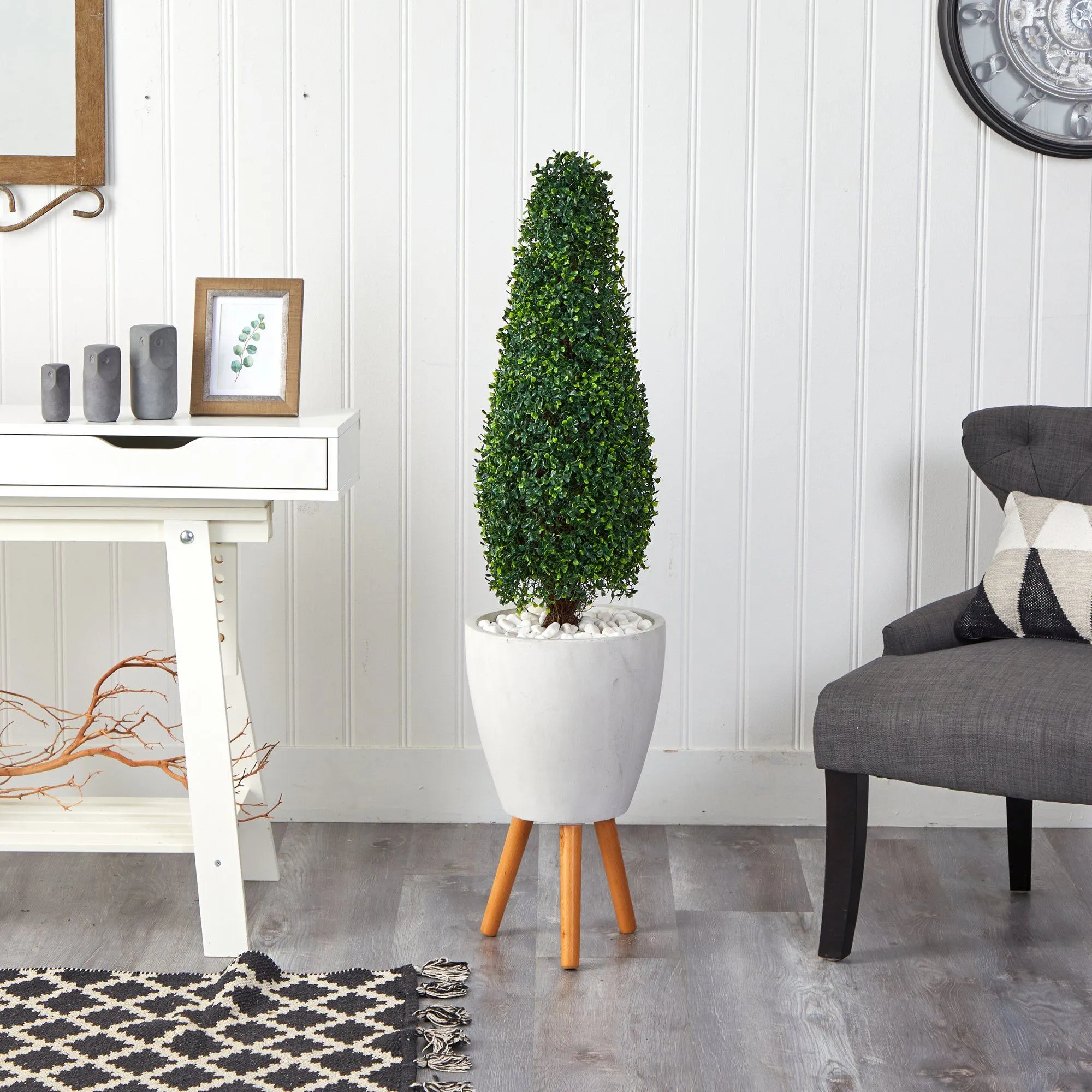 51” Boxwood Tower Artificial Topiary Tree in White Planter with Stand (Indoor/Outdoor)