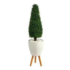 51” Boxwood Tower Artificial Topiary Tree in White Planter with Stand (Indoor/Outdoor)