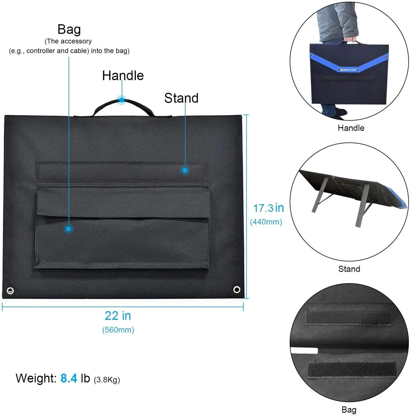 ACOPower 120W Portable Solar Panel Foldable Suitcase With Built In Integrated Output Box