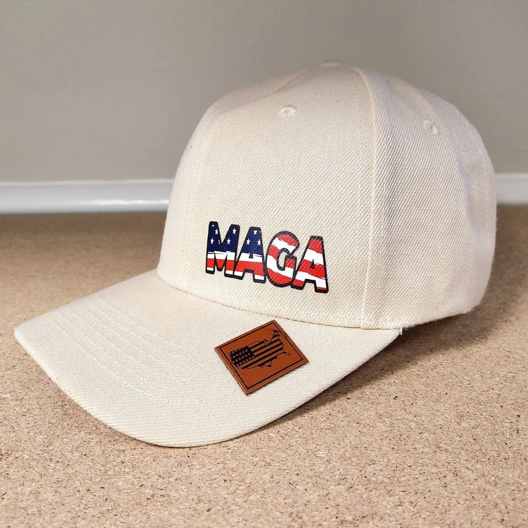 American Pride MAGA Hat with Leather USA Patch (Natural)