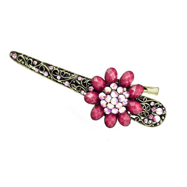 Antique Brass with Rhinestones Alligator Clip Flower Pink