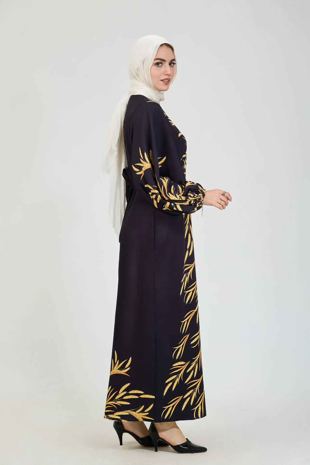 Bahar Embellished Crepe Modesty Dress with Golden Leaf Pattern