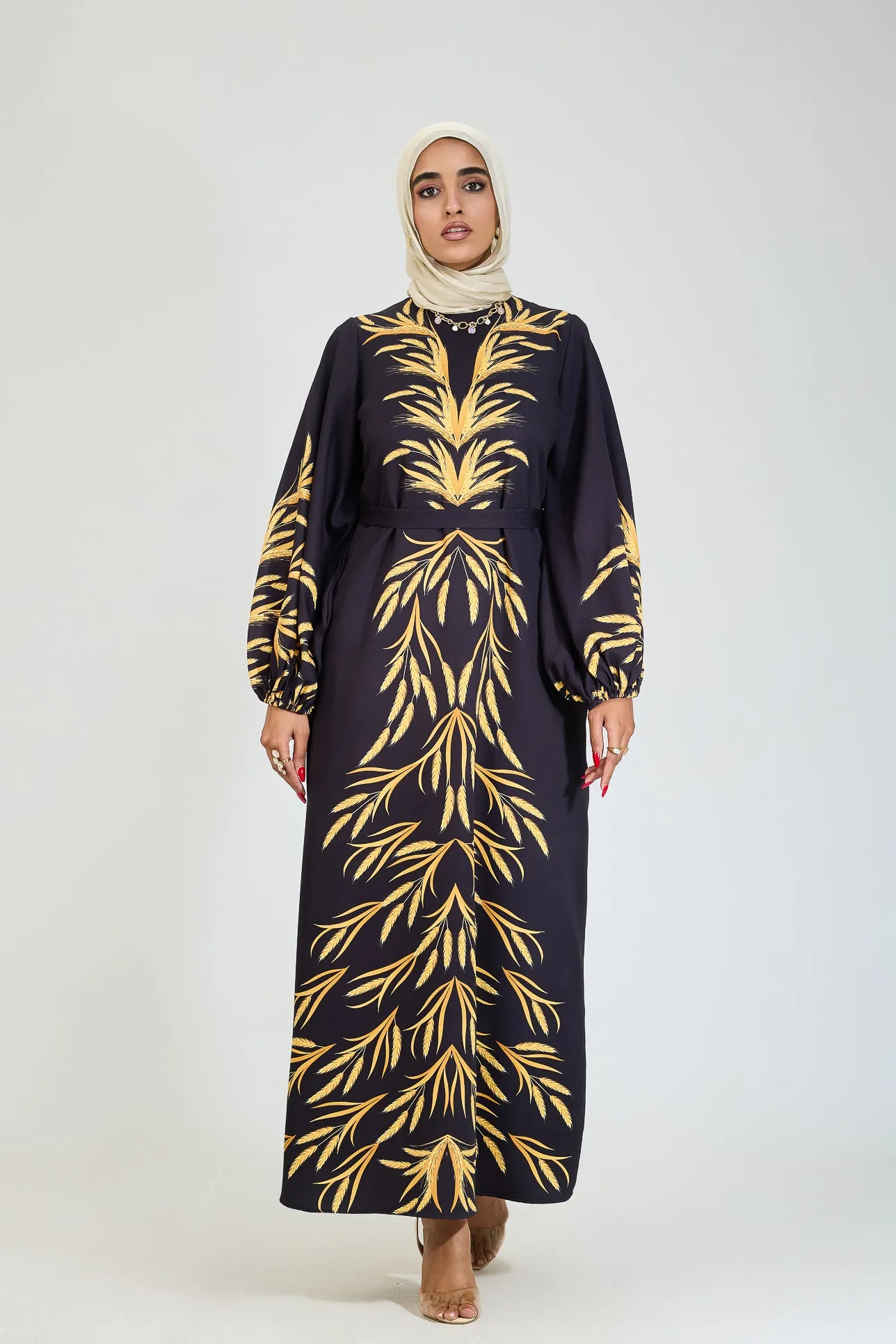 Bahar Embellished Crepe Modesty Dress with Golden Leaf Pattern