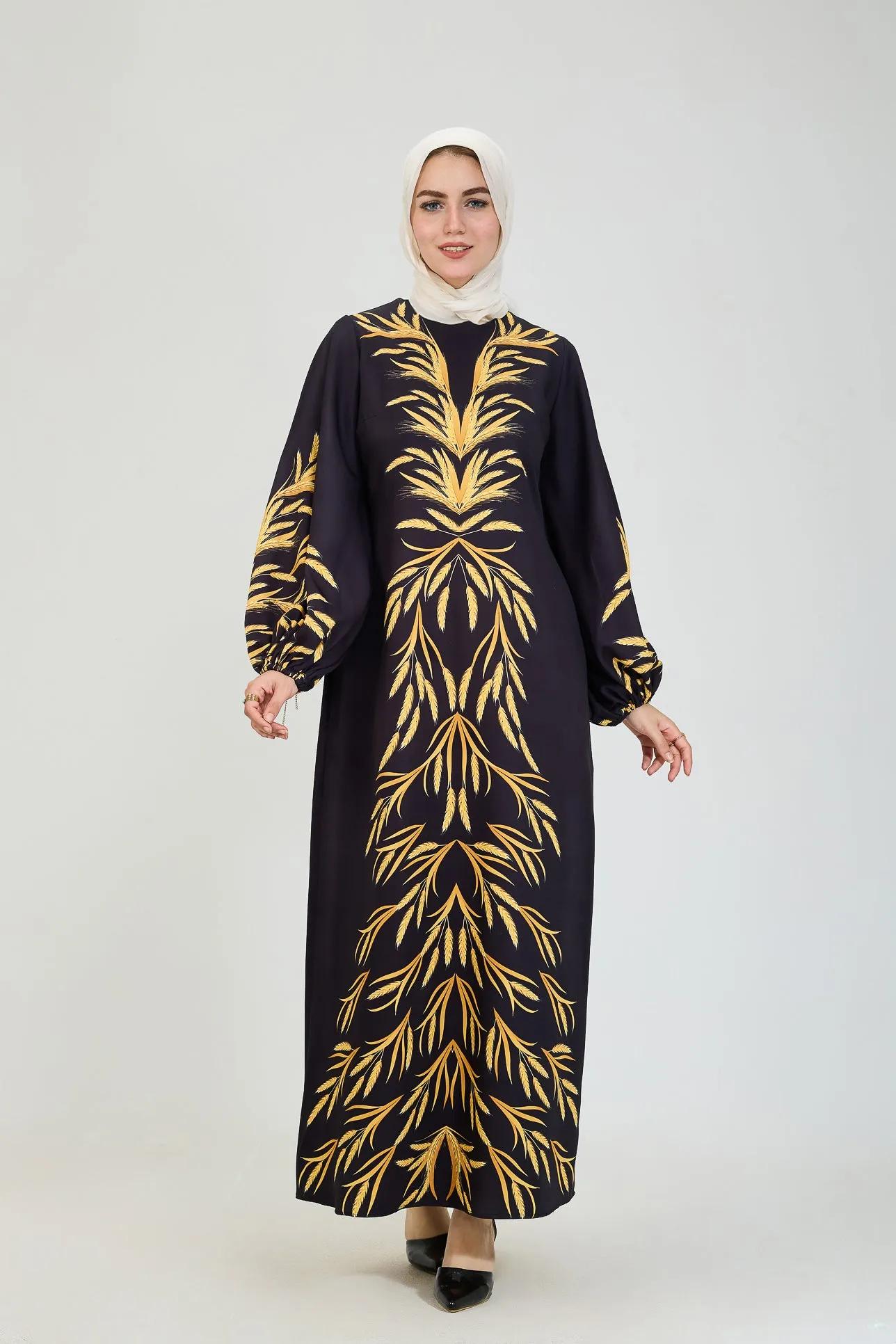 Bahar Embellished Crepe Modesty Dress with Golden Leaf Pattern