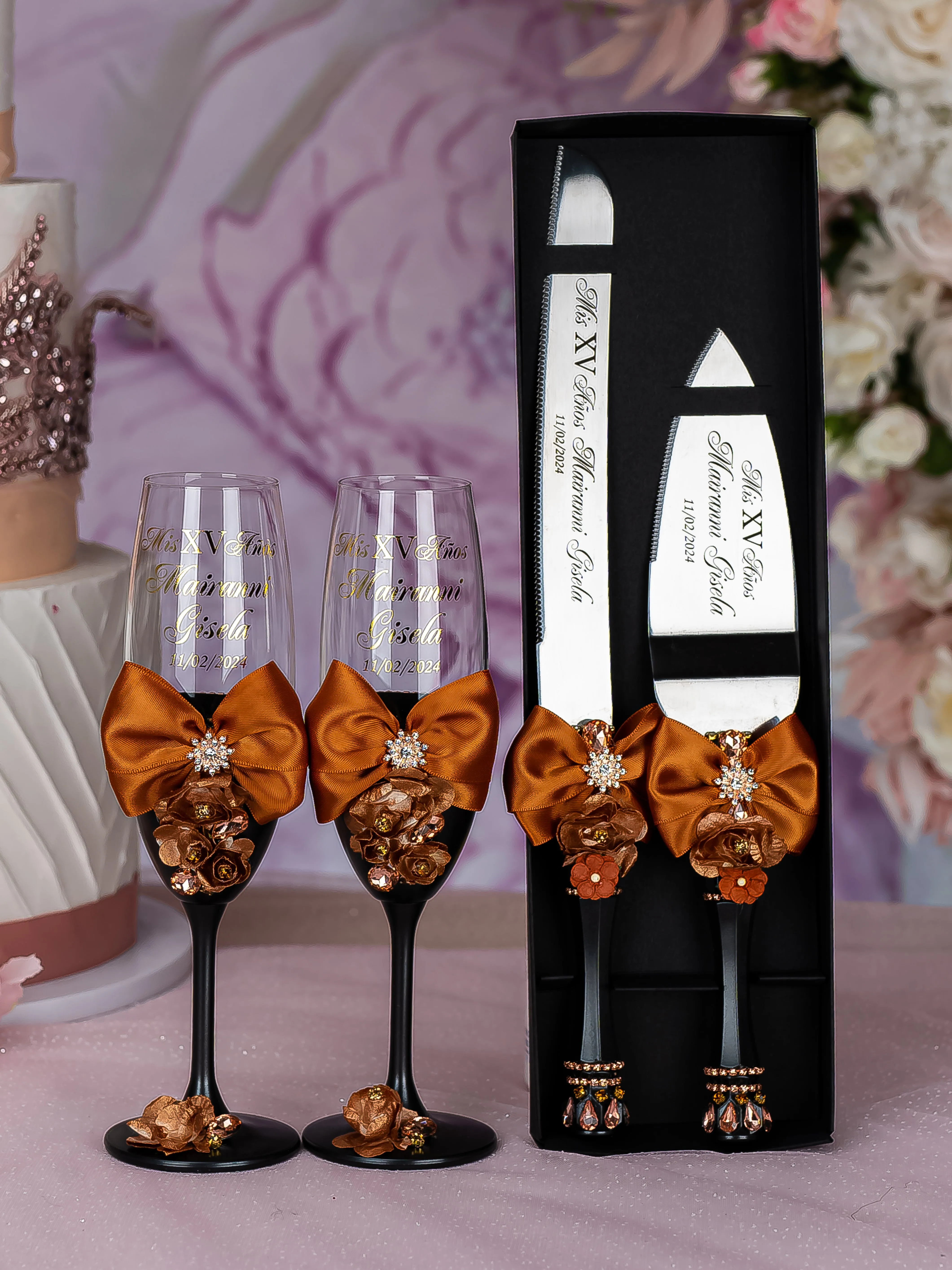 Black burnt orange Quinceanera cake knife and server