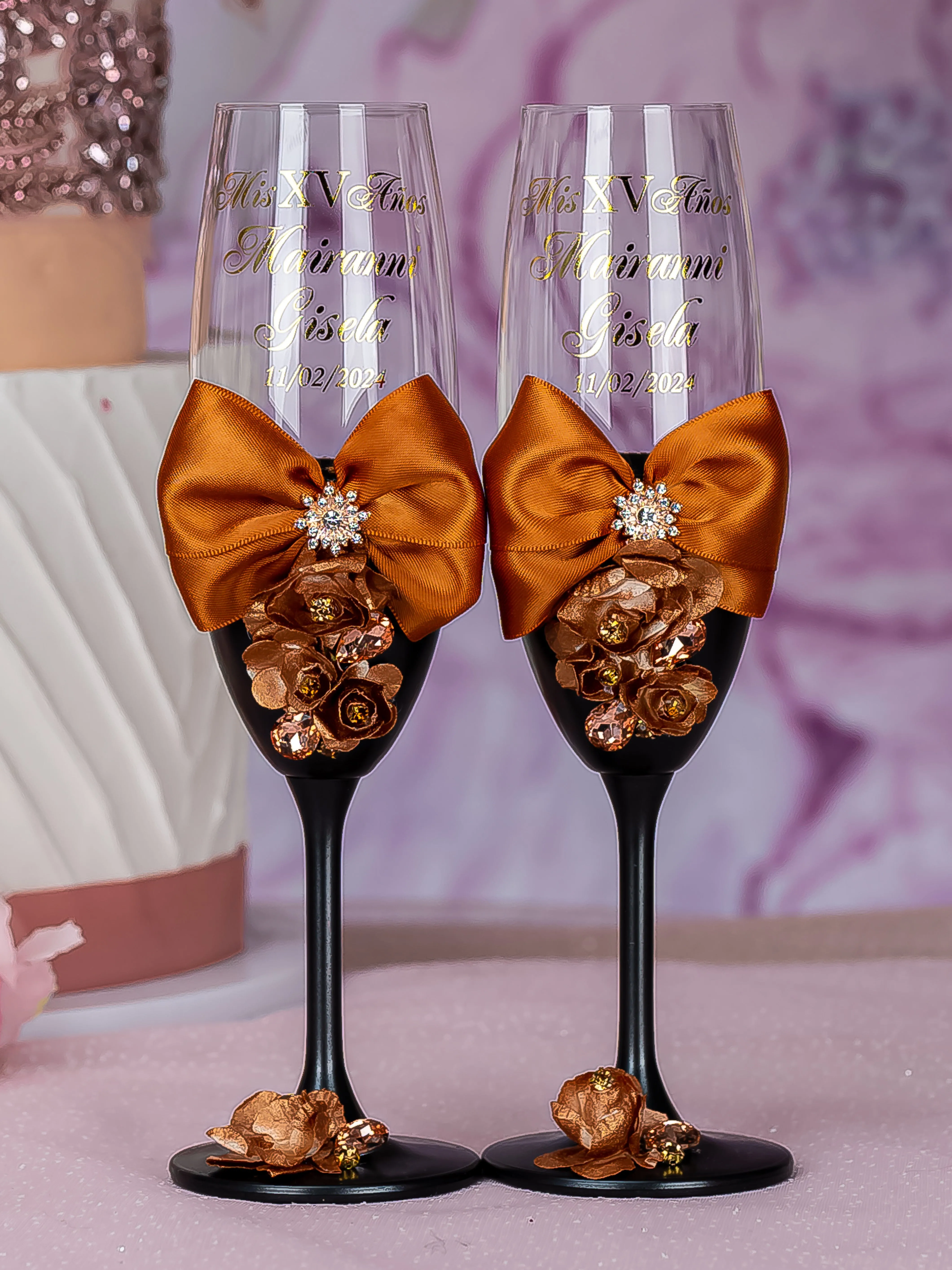 Black burnt orange Quinceanera cake knife and server