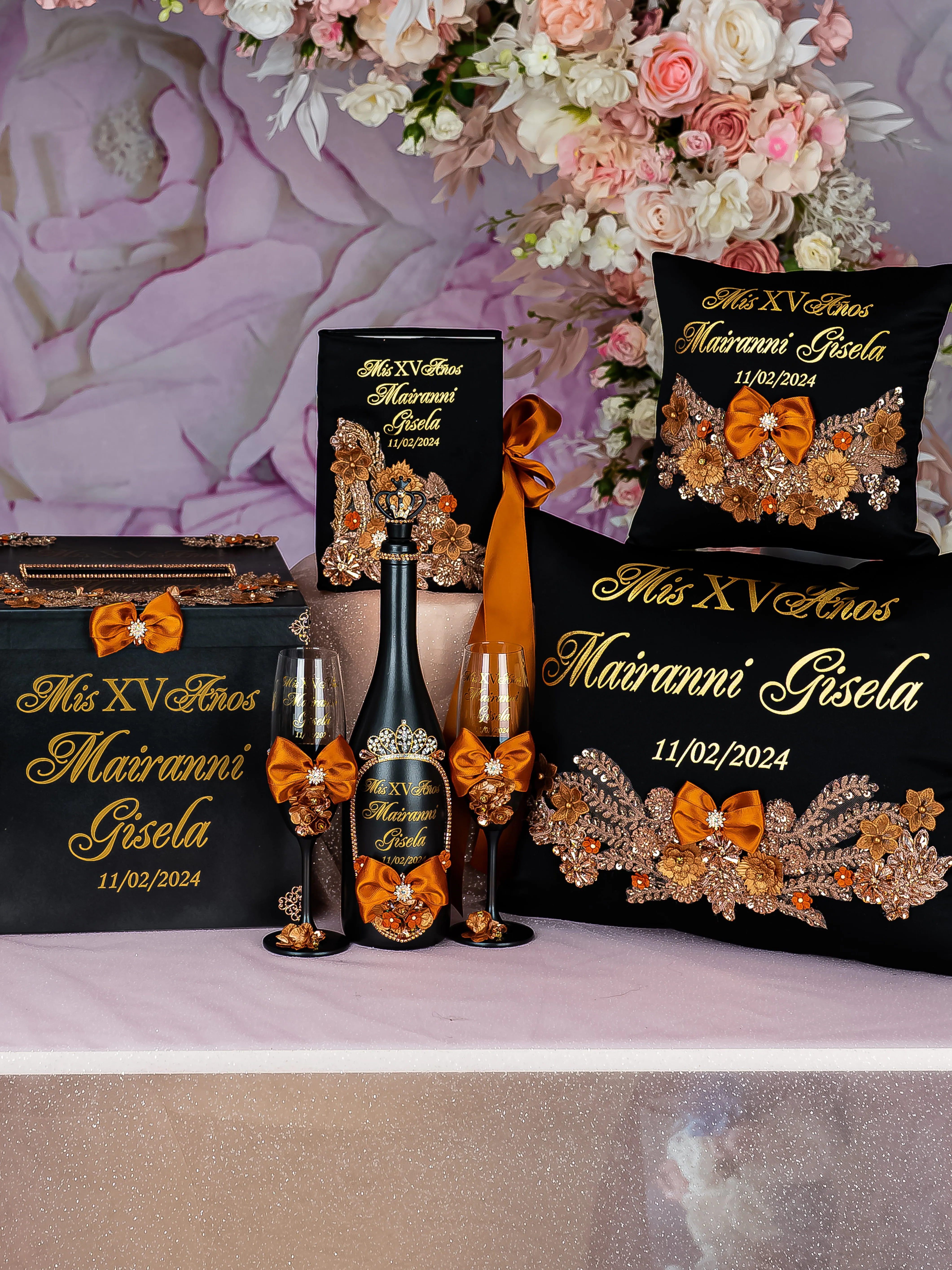 Black burnt orange Quinceanera cake knife and server