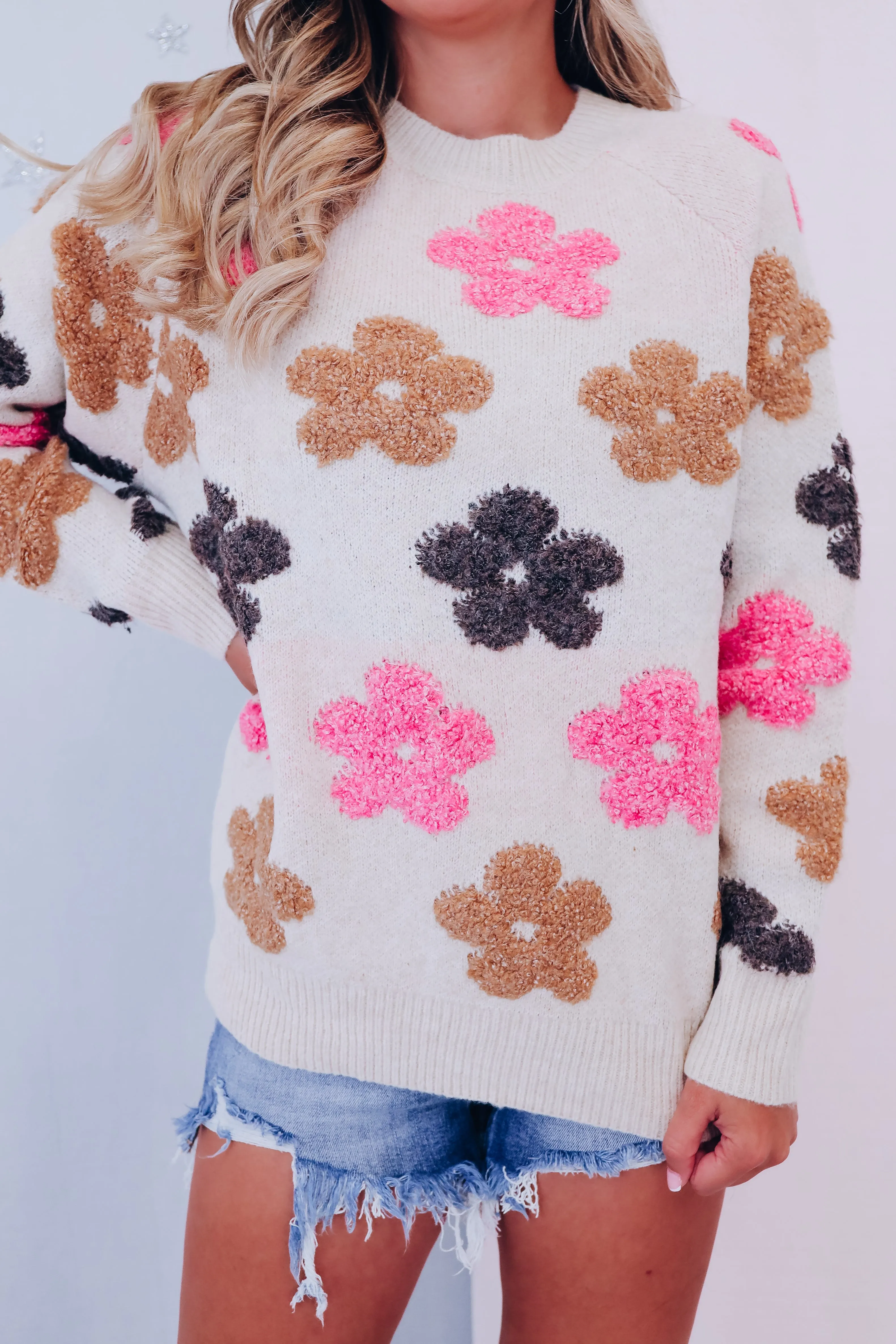 Blooming Fall Floral Knit Sweater - Oatmeal