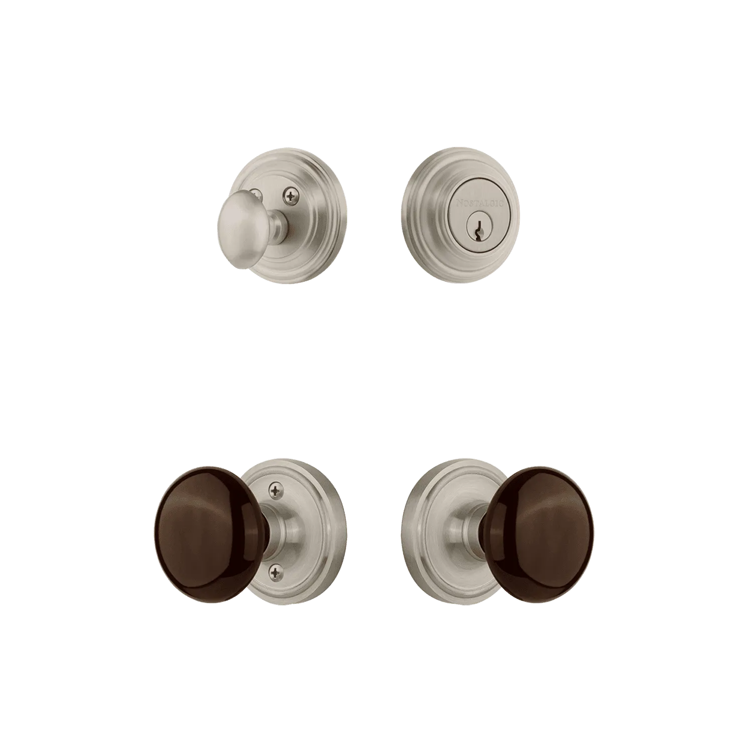 Classic Rosette Entry Set with Brown Porcelain Knob in Satin Nickel