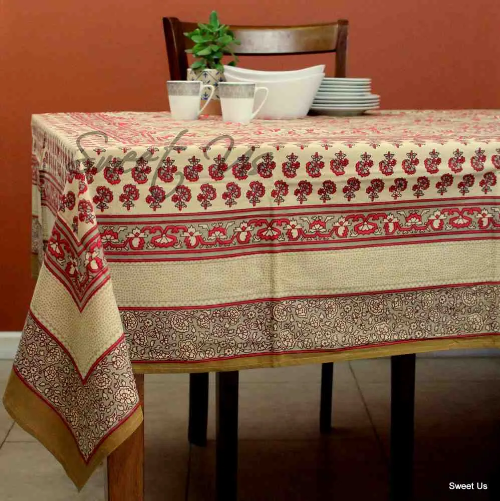 Cotton Floral Geometric Tablecloth Rectangle Red Gray Beige Dining Linen