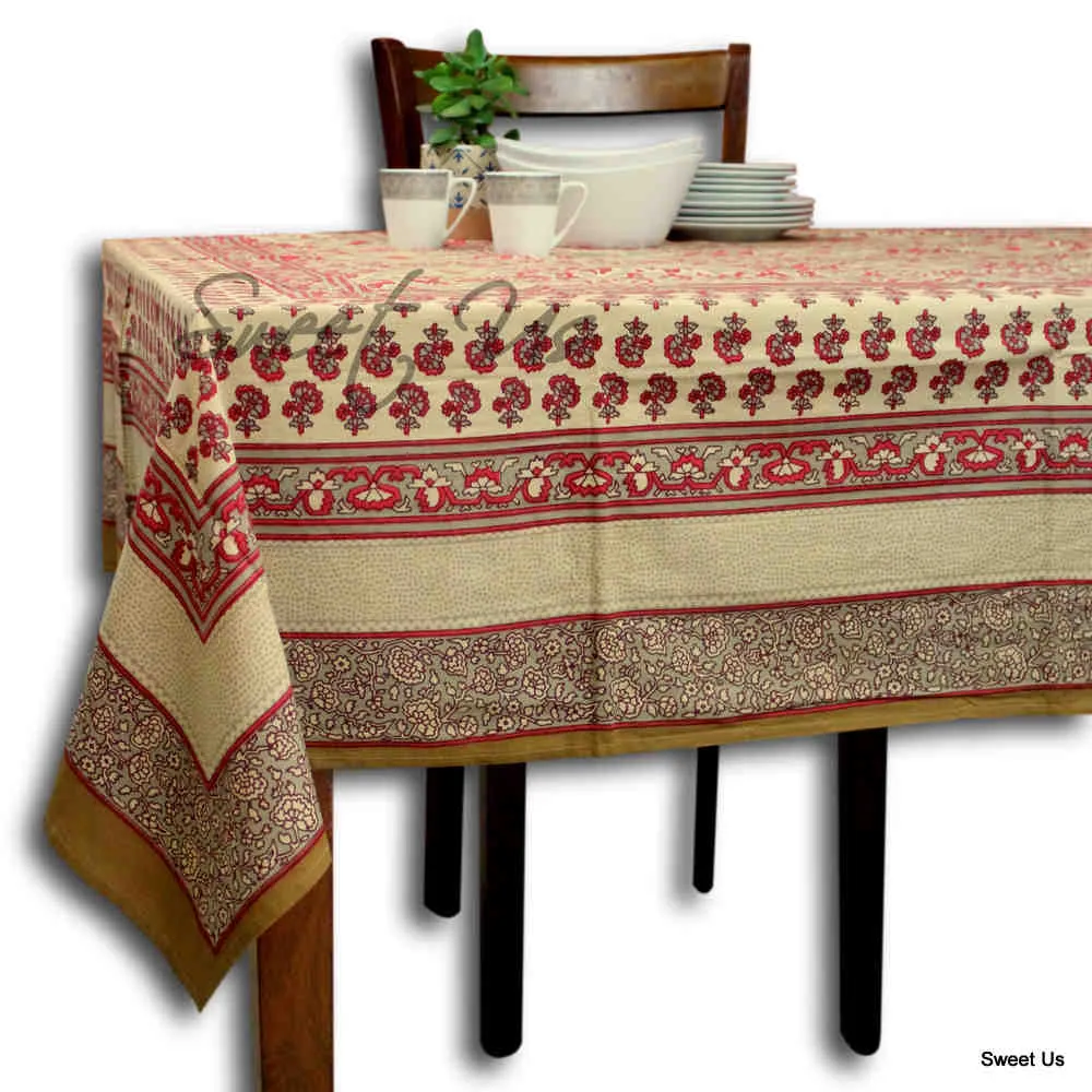 Cotton Floral Geometric Tablecloth Rectangle Red Gray Beige Dining Linen