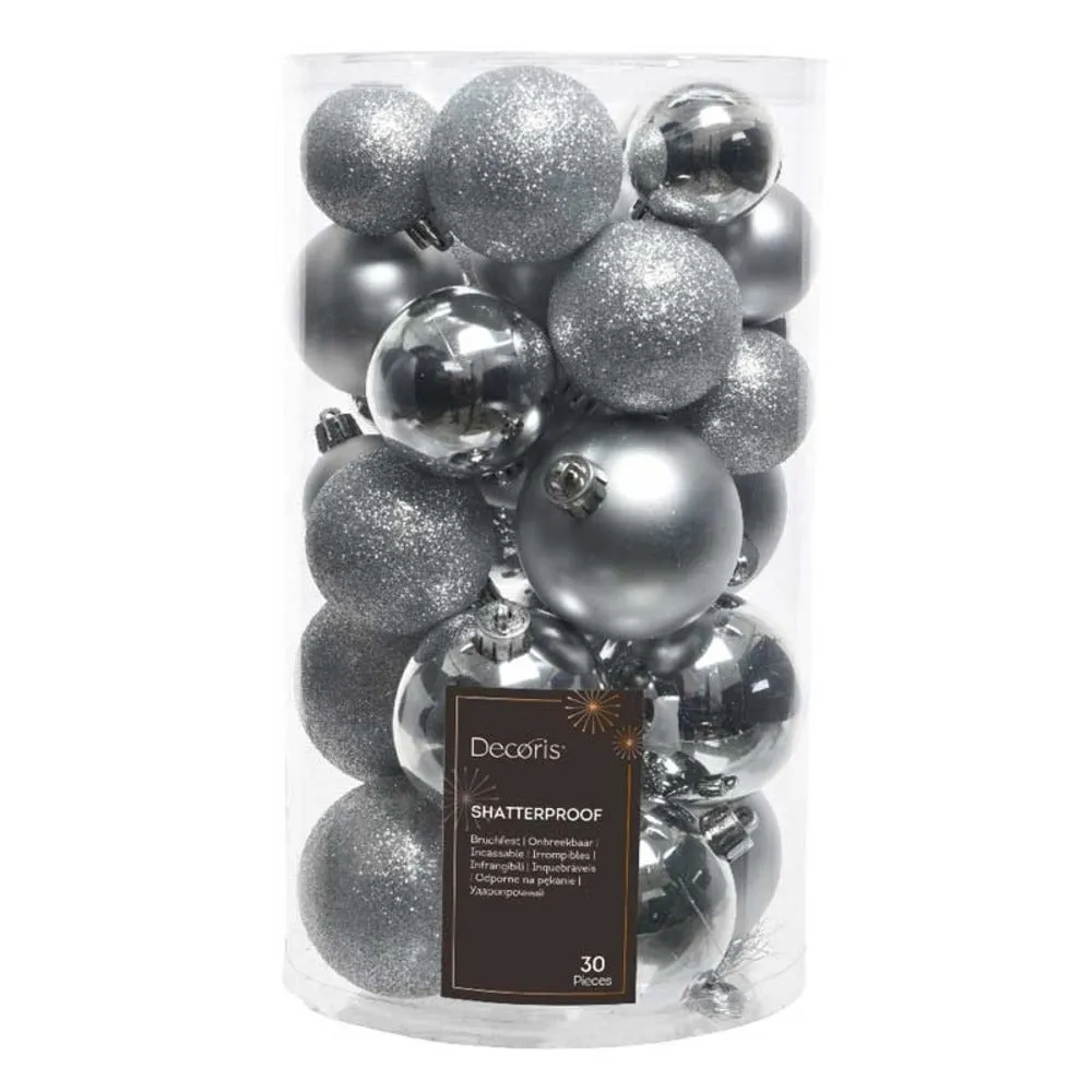 Decoris Shatterproof Baubles Tube of 30 Pieces Mixed Sizes - Silver