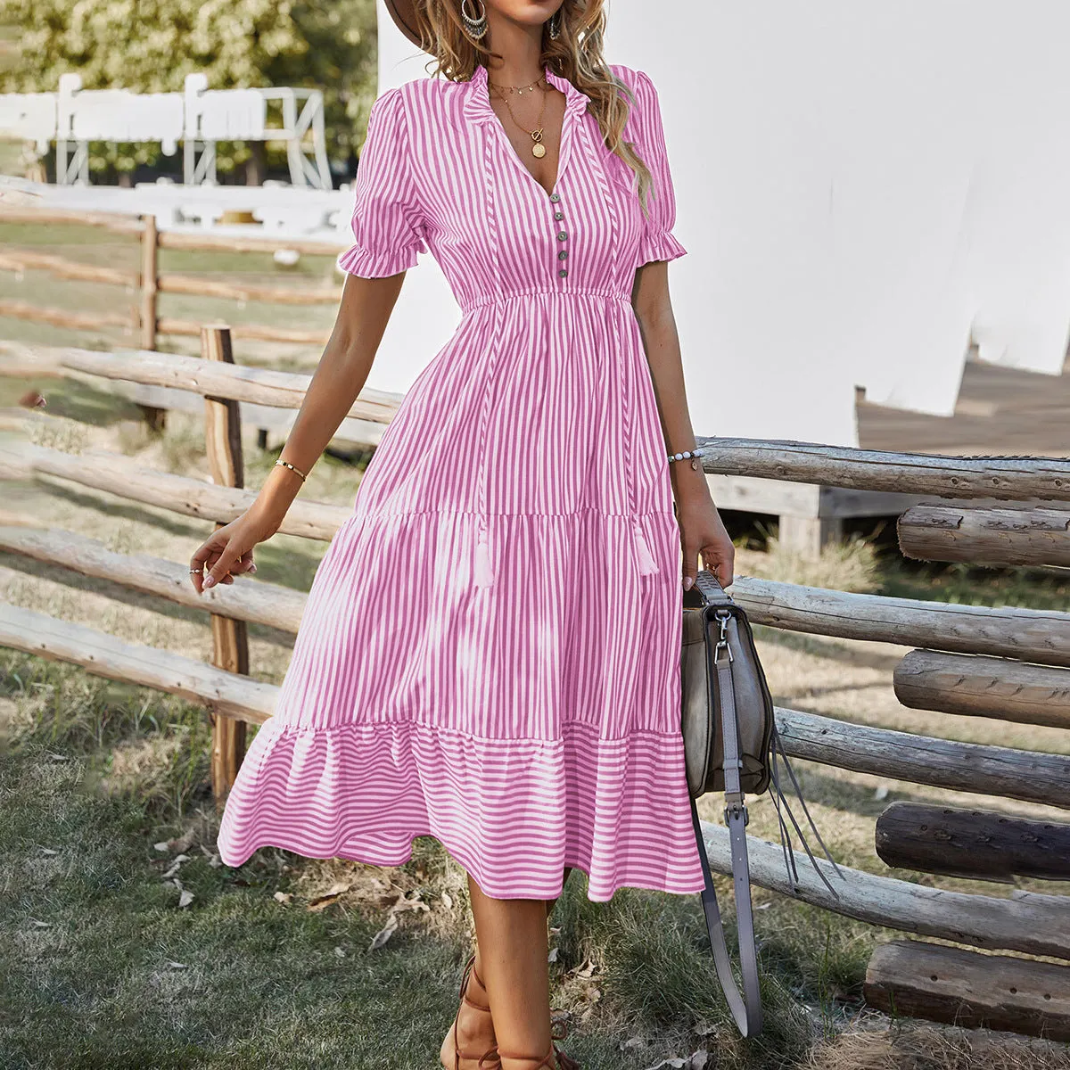 DUNNMALL  Self-Developed Design European and American Fashion Women's Wear Dress  Summer  Stripes Dress Temperament