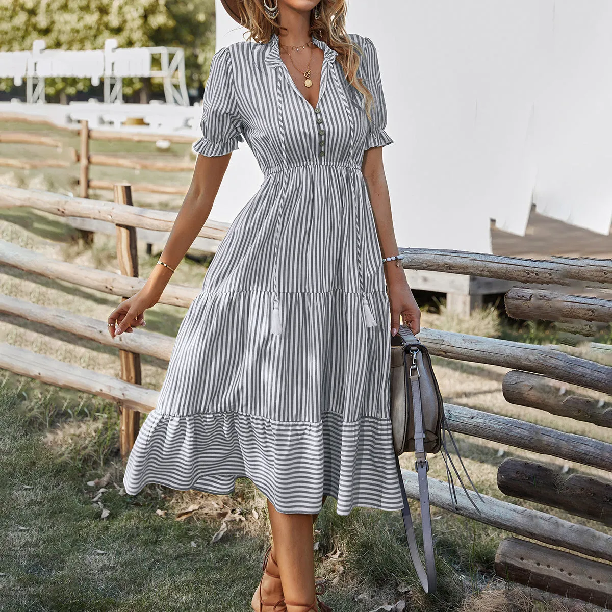 DUNNMALL  Self-Developed Design European and American Fashion Women's Wear Dress  Summer  Stripes Dress Temperament