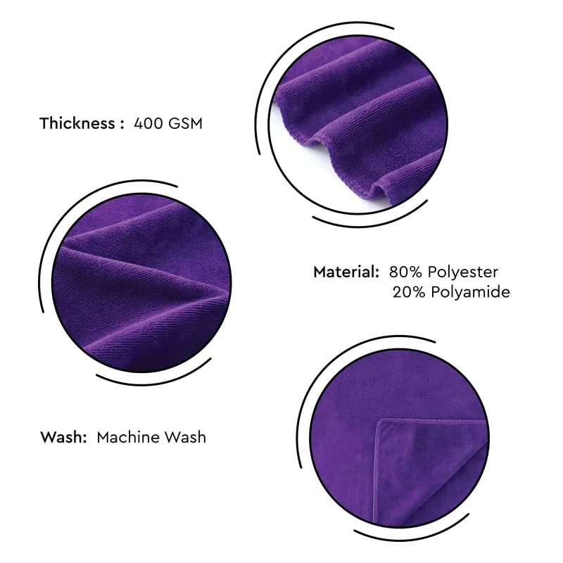 Encasa Microfiber Towels (60x40 cm) for car and Kitchen Cleaning, Perfect for Travel, Beach Trips, Backpacking, Camping and Gym use - Fast Drying - 3-Pack - Purple