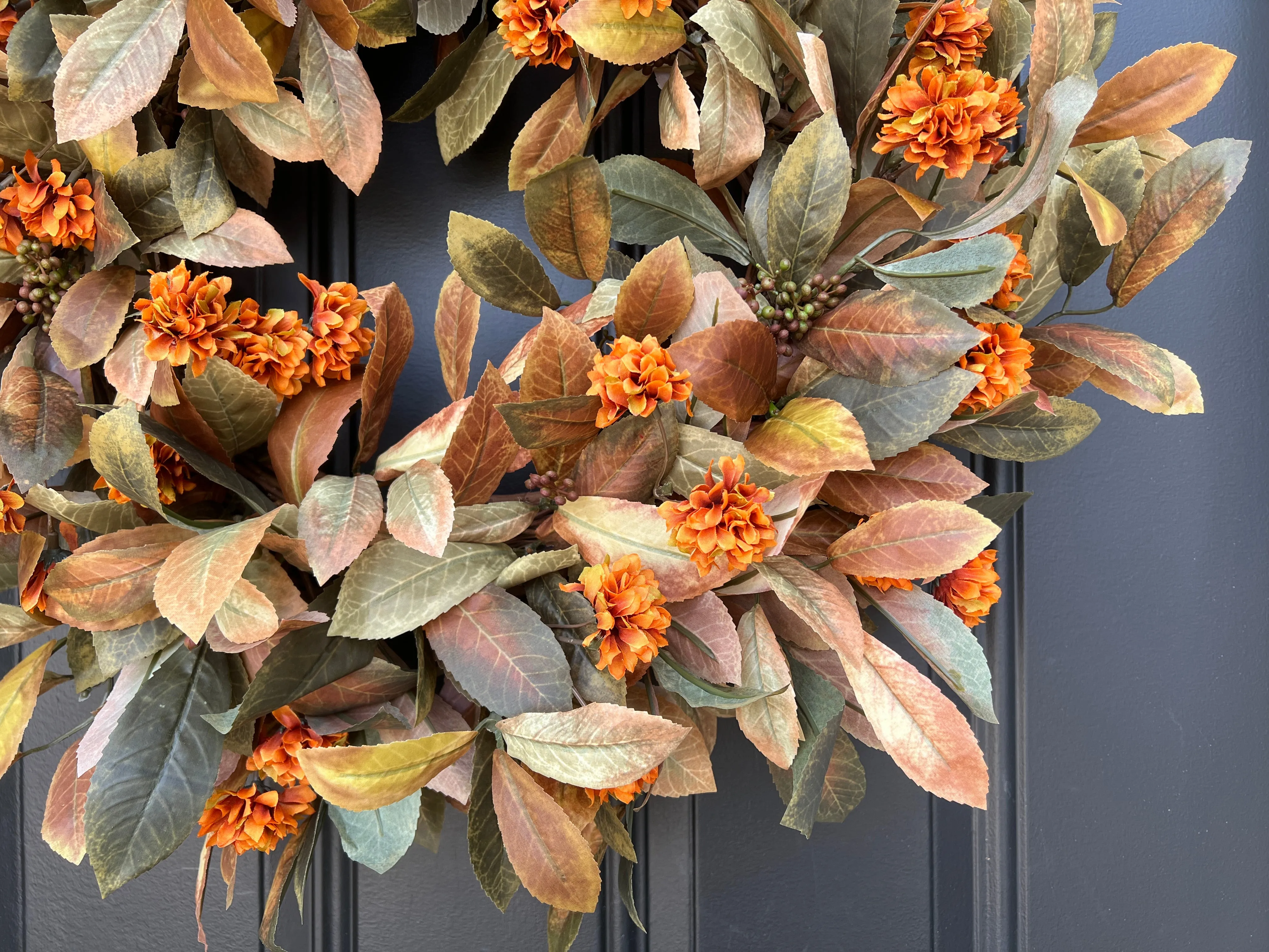 Fall Foliage and Orange Mum Wreath