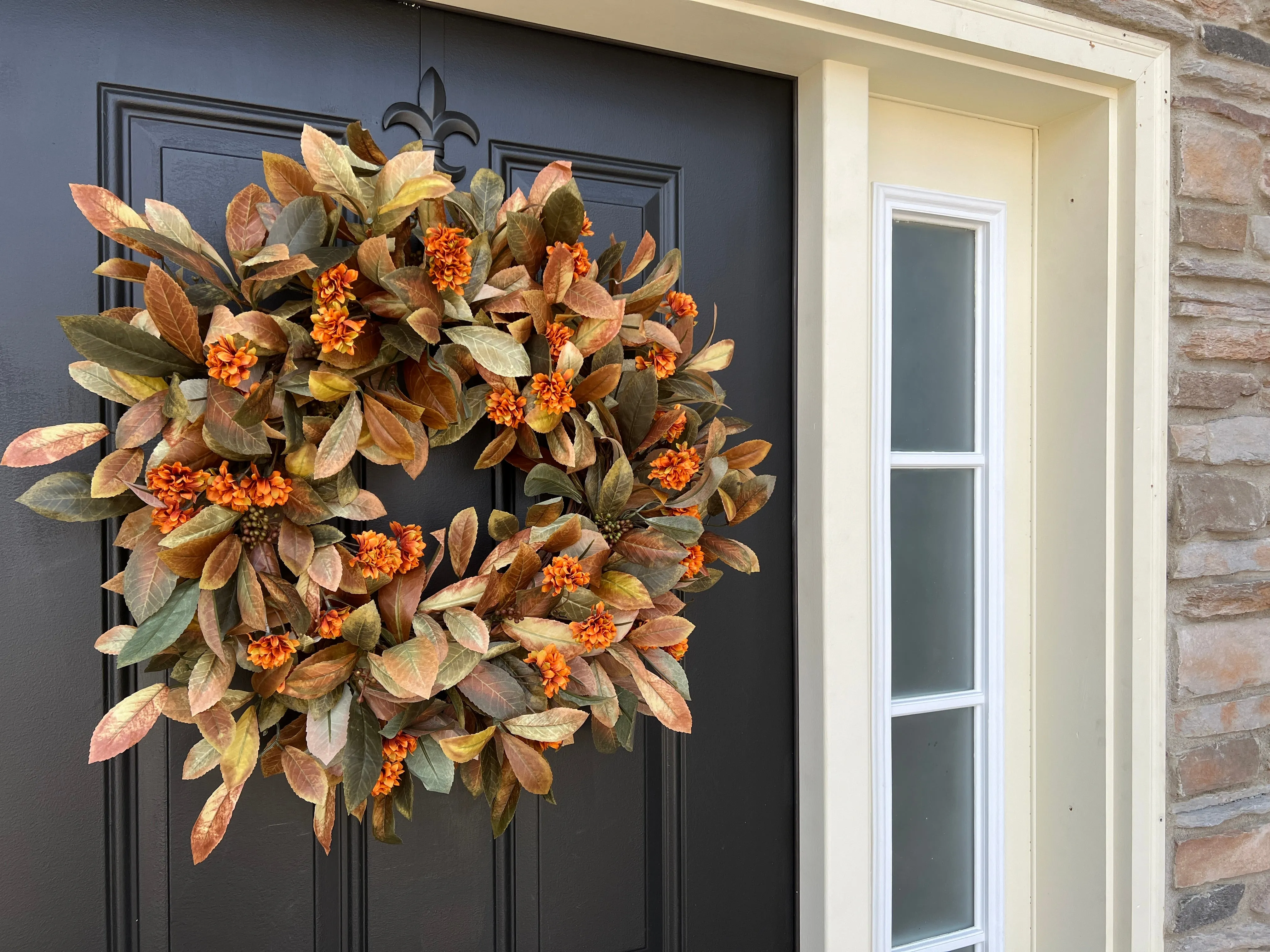 Fall Foliage and Orange Mum Wreath