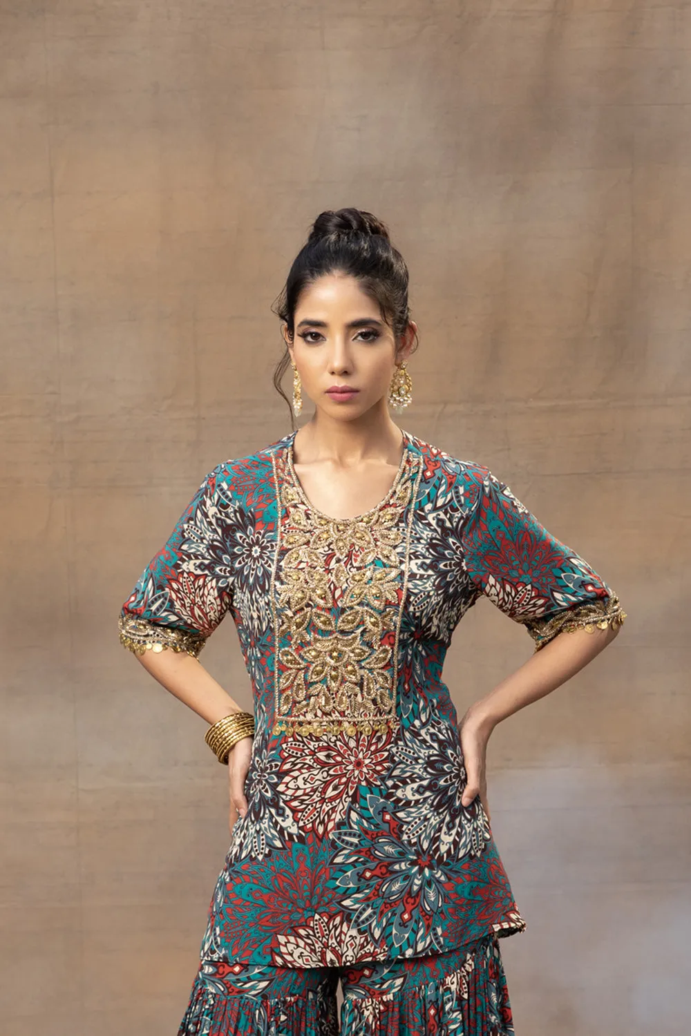 Green Printed Embroidered Short Kurta With Sharara Set