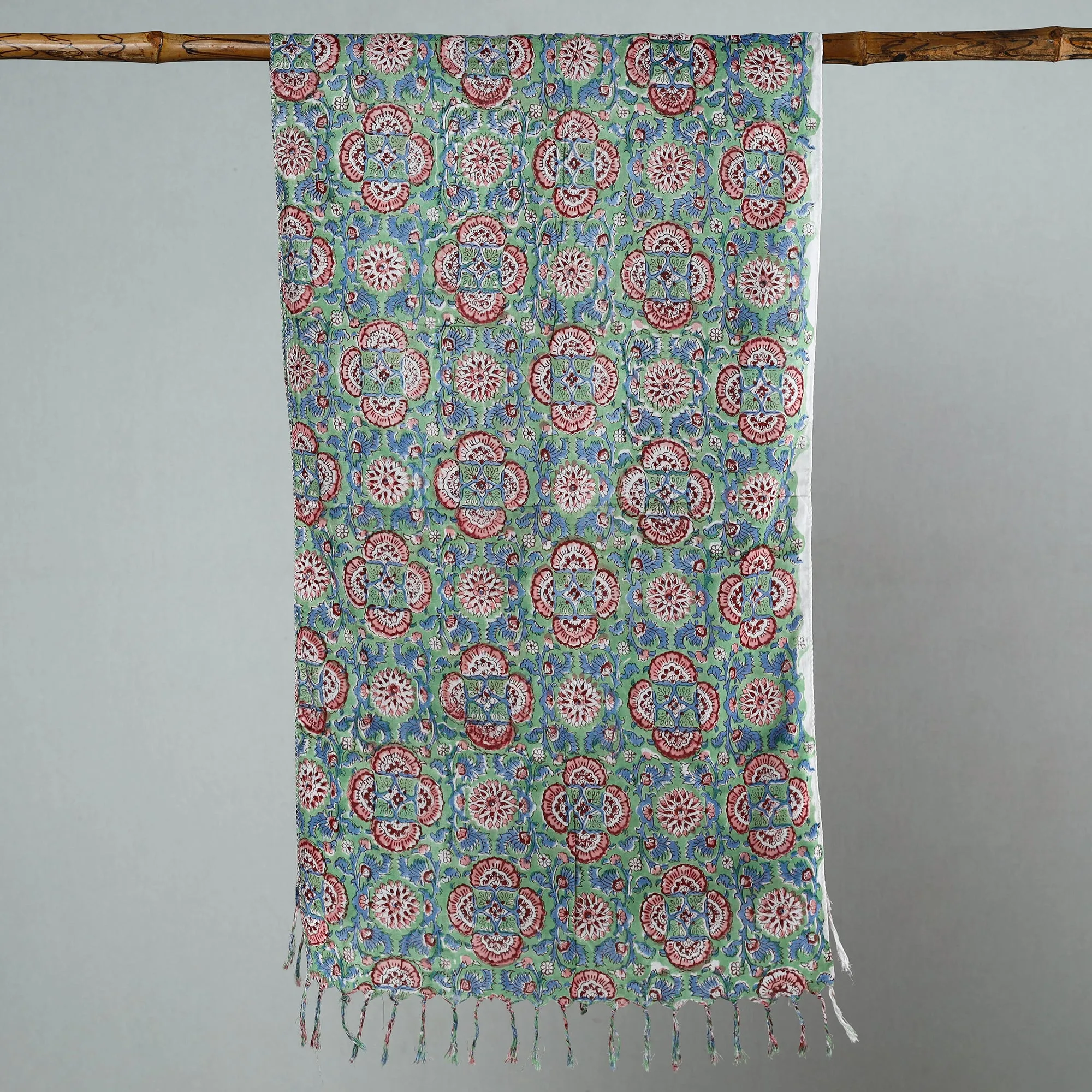 Green - Sanganeri Block Printed Cotton Stole with Tassels 129