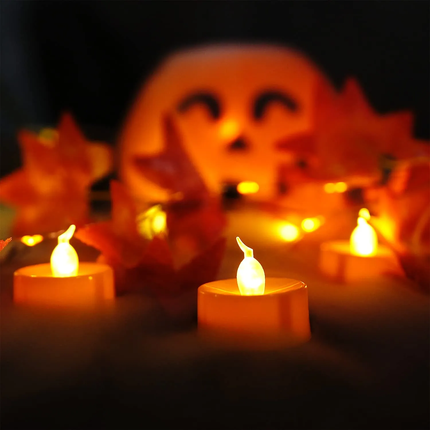 Halloween 24 Pack Orange Tea Light Candles, Battery Operated LED Tealights, Small Pumpkins Lights with Warm White Bulb, Flameless, Electric Fake Tea Candles Realistic for Halloween, Pumpkin Lanterns