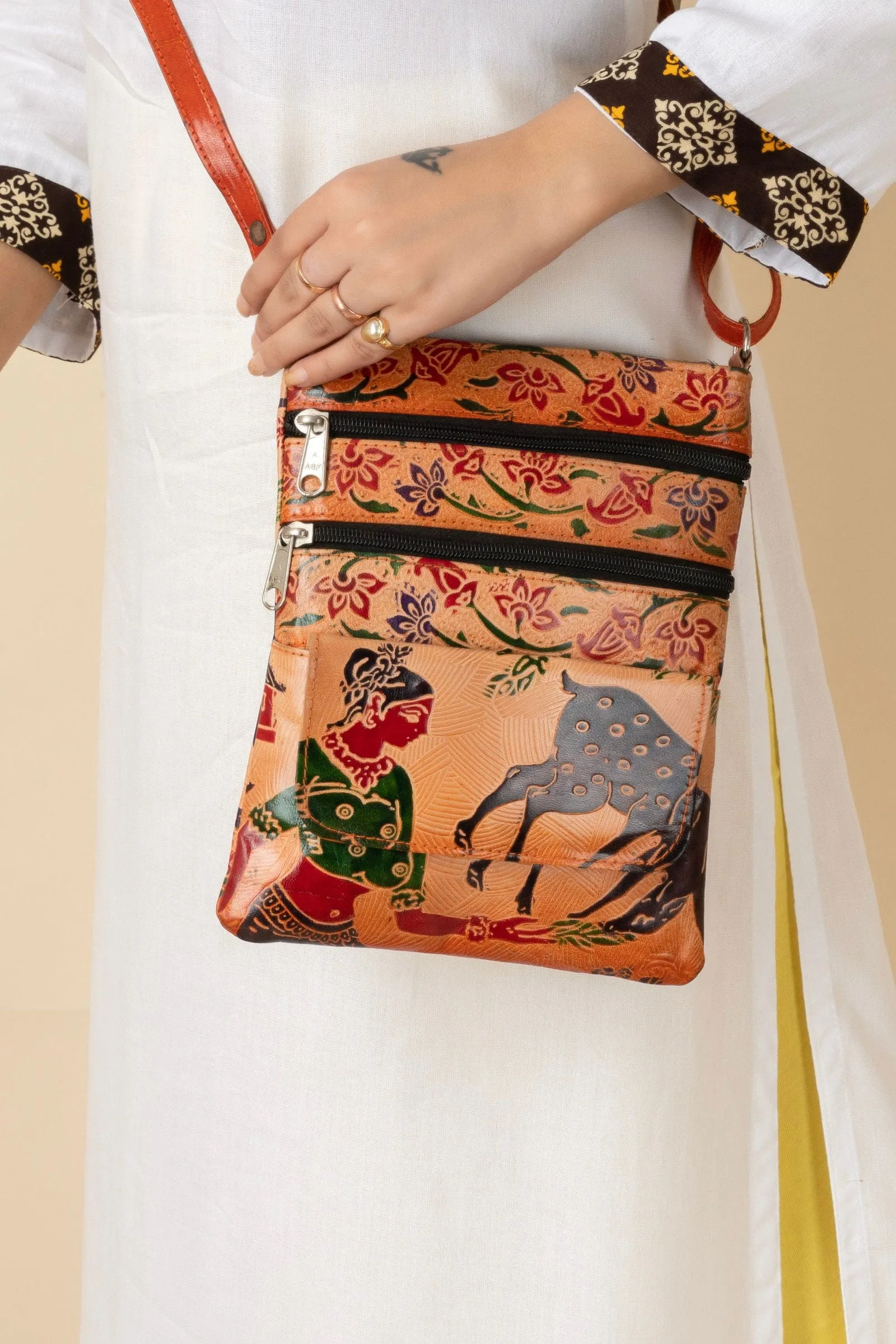 Handcrafted Shantiniketan Brown Leather Printed Crossbody Sling Bag for Women