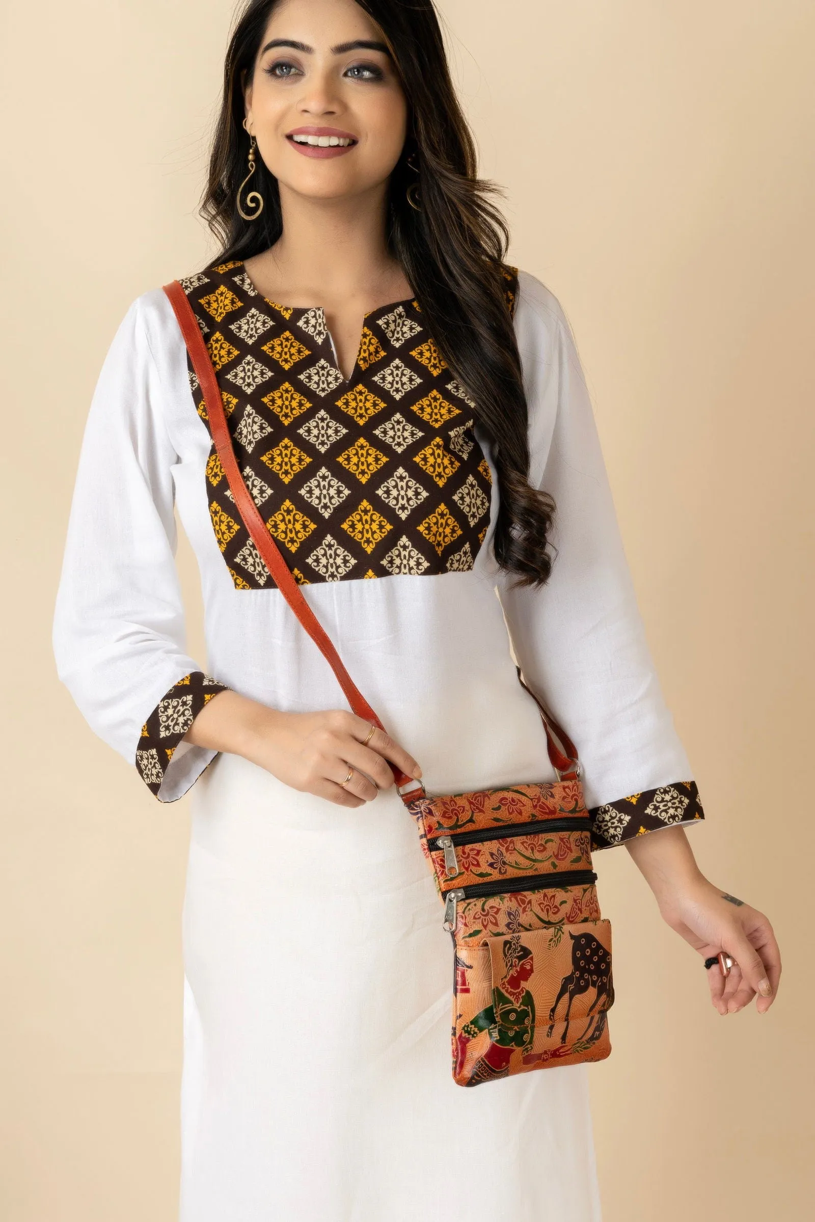 Handcrafted Shantiniketan Brown Leather Printed Crossbody Sling Bag for Women