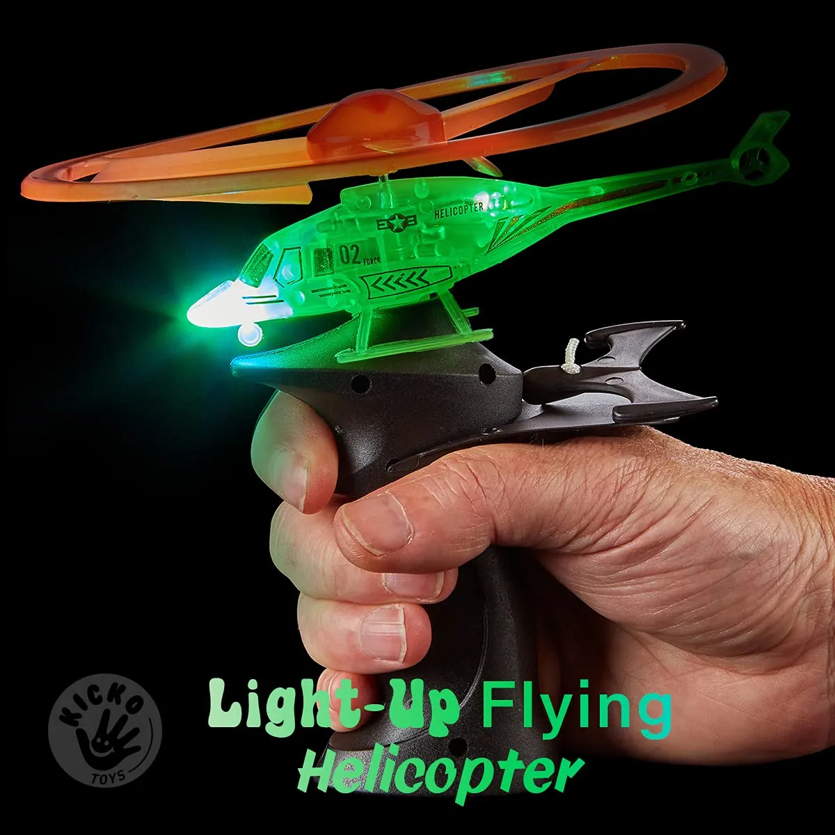 Kicko Flying Light-Up Toy - 2 Pack Ripcord Helicopter for Night Glow, Outdoor Playtime