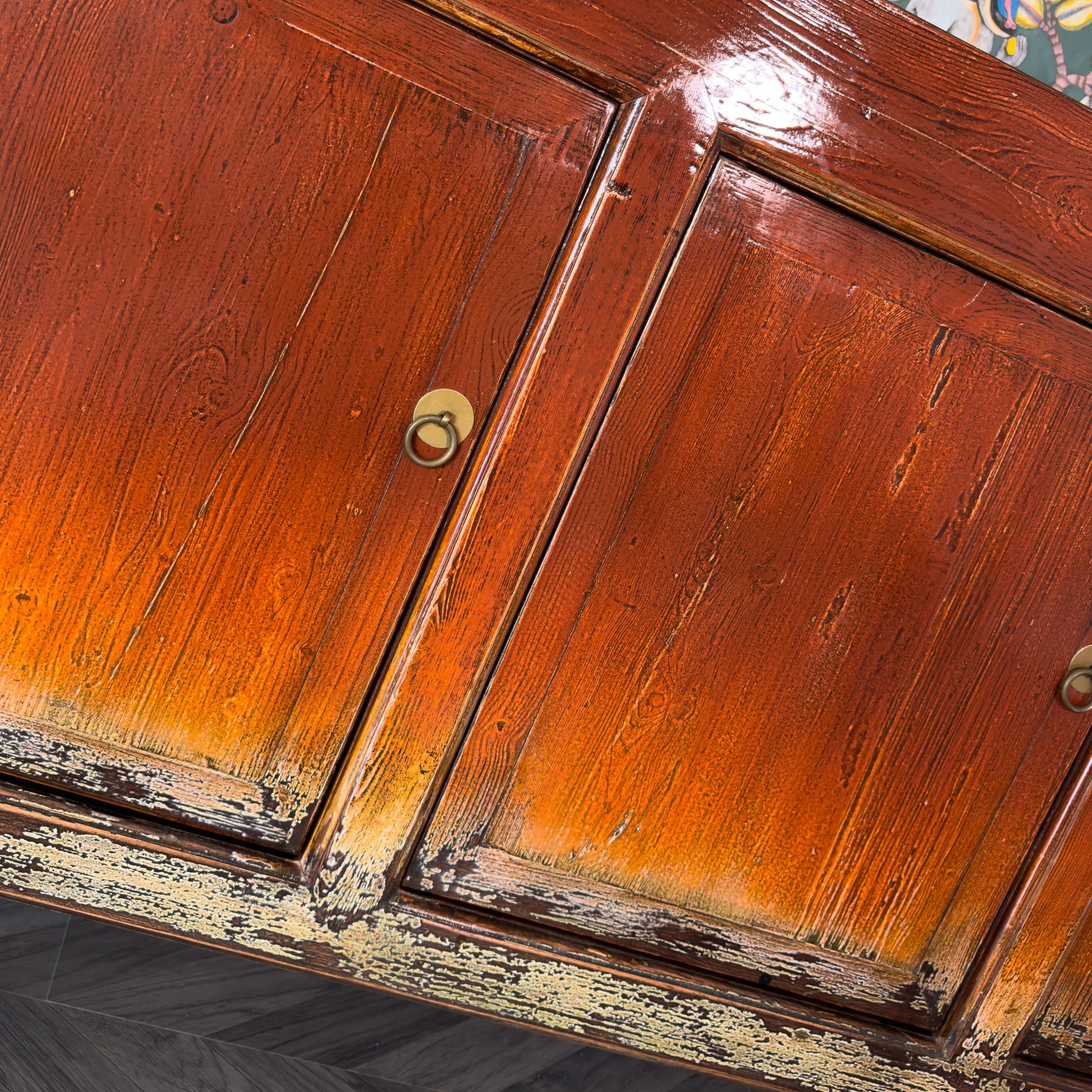 Lingbao Burnished Orange Cabinet with 4 Doors in Pine Wood