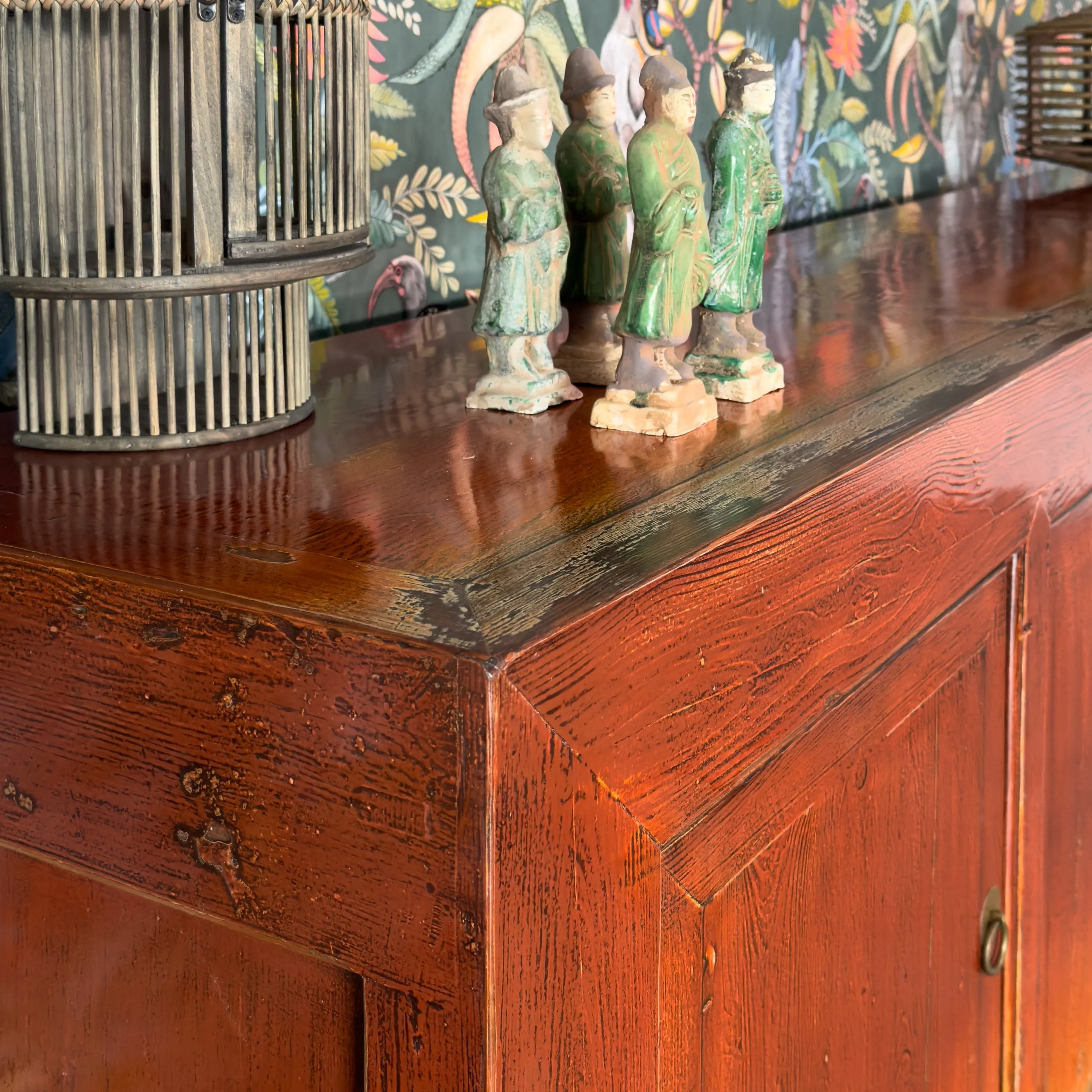 Lingbao Burnished Orange Cabinet with 4 Doors in Pine Wood