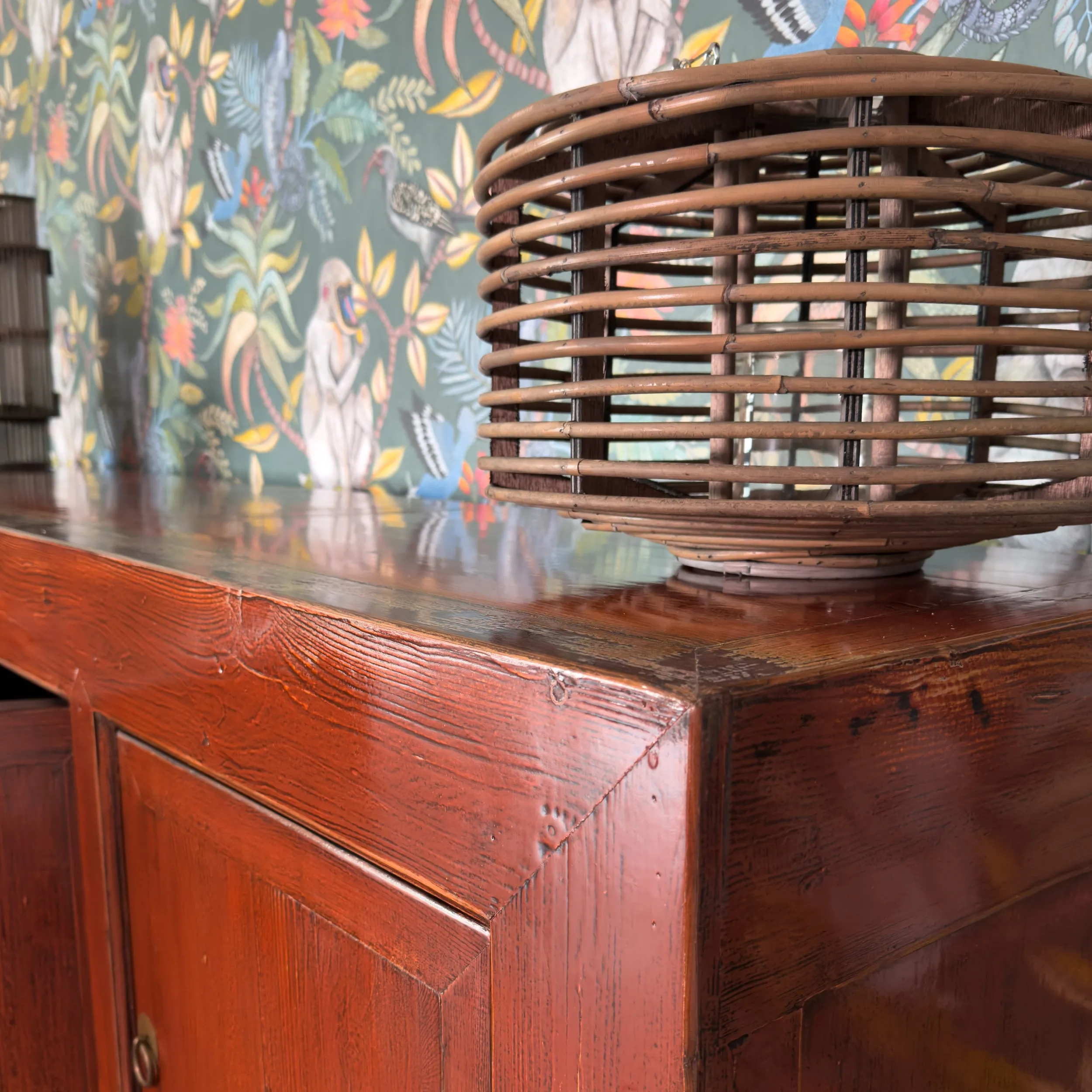 Lingbao Burnished Orange Cabinet with 4 Doors in Pine Wood