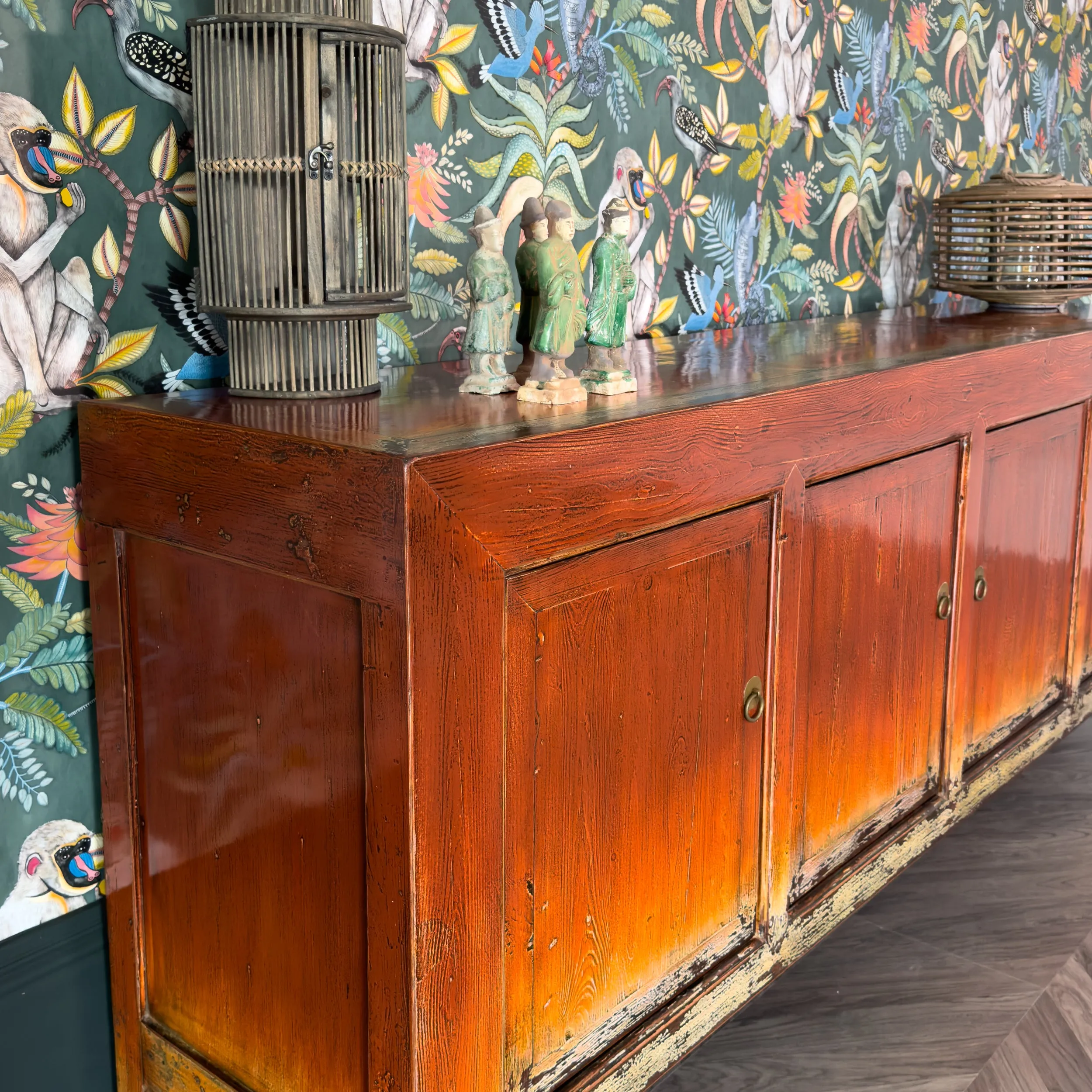 Lingbao Burnished Orange Cabinet with 4 Doors in Pine Wood