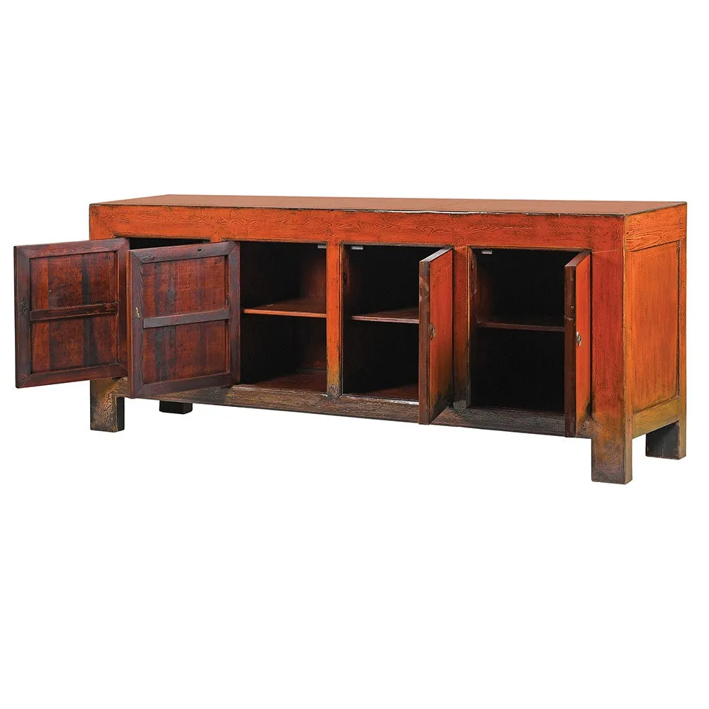 Lingbao Burnished Orange Cabinet with 4 Doors in Pine Wood