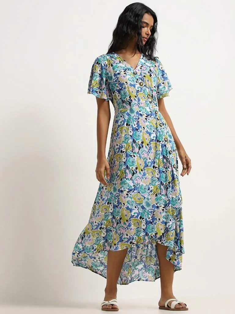 LOV Multicolour Floral Printed Cotton Asymmetric Dress