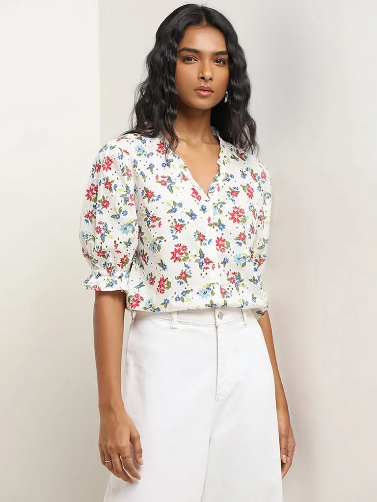 LOV White Floral Patterned Cotton Blouse