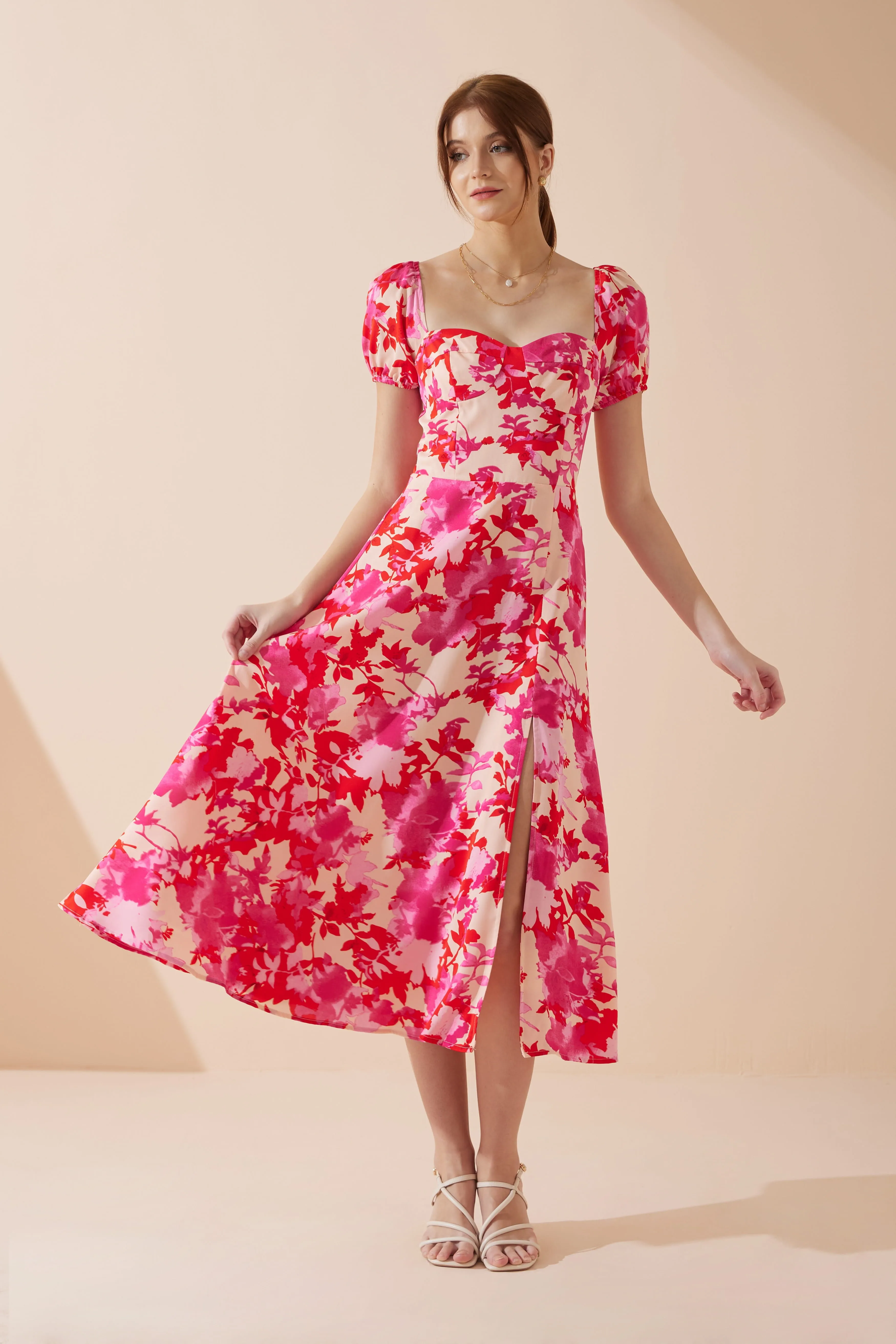 Mabel Pink Red Floral Sweetheart Midi Dress