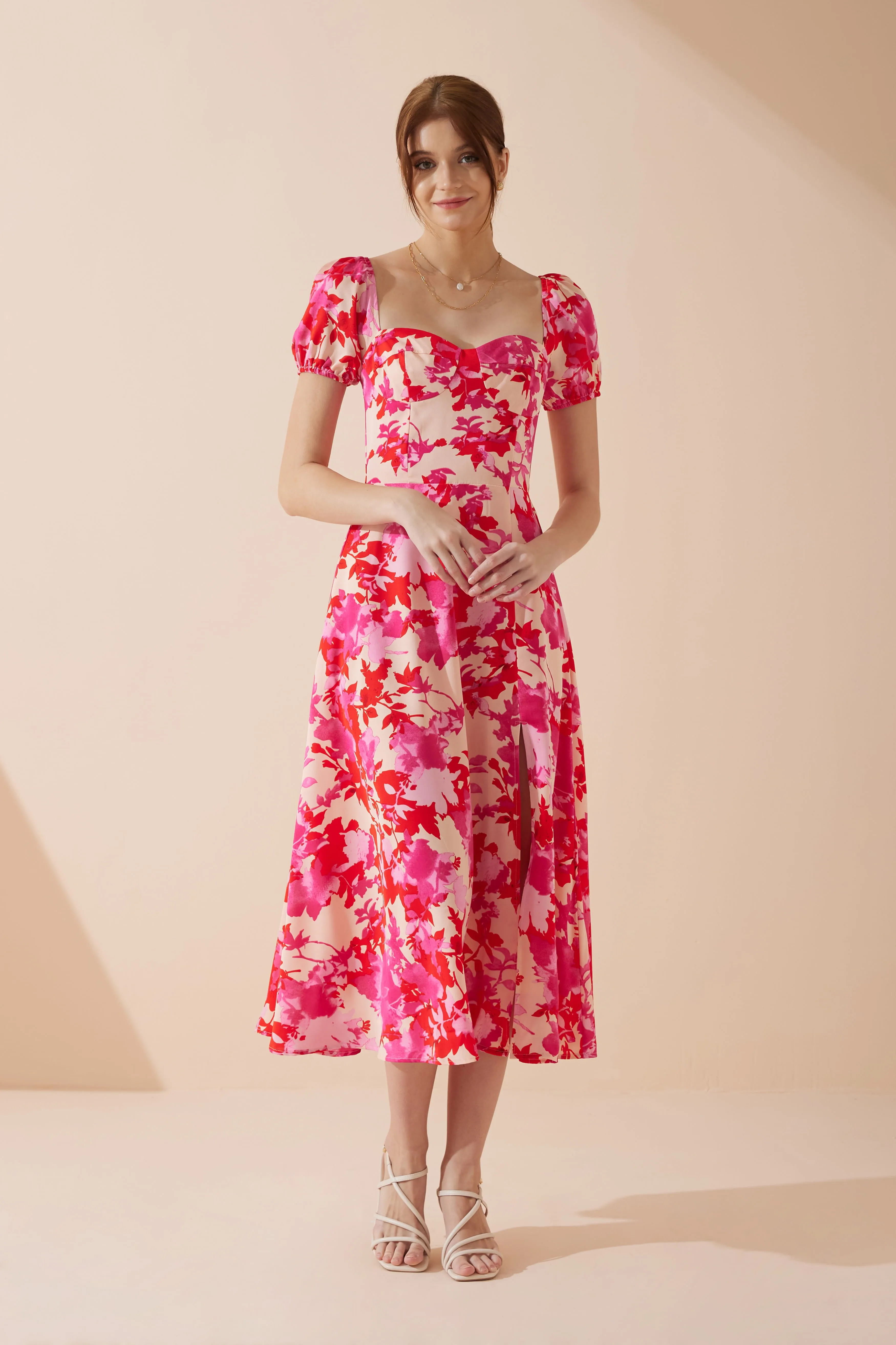 Mabel Pink Red Floral Sweetheart Midi Dress