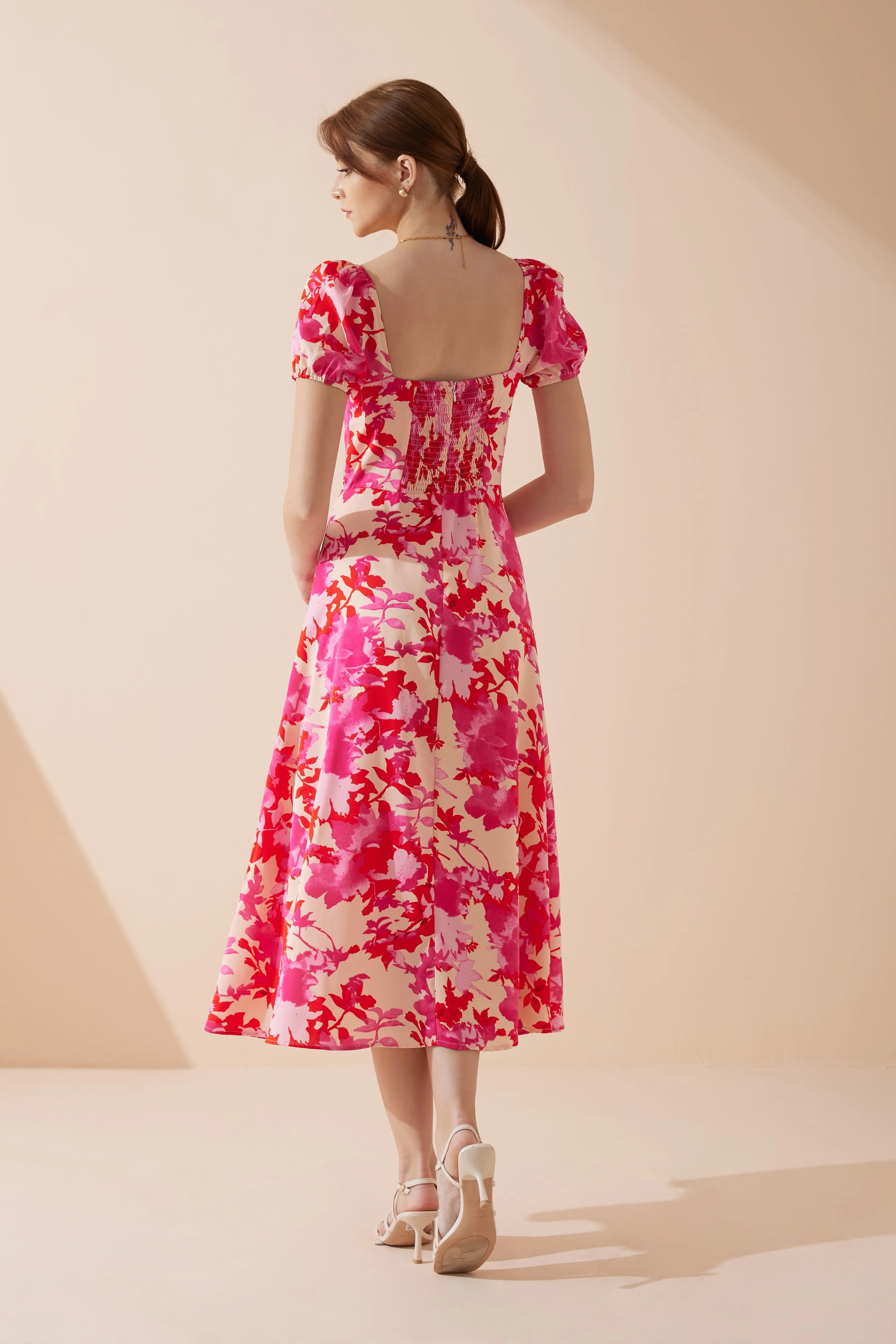 Mabel Pink Red Floral Sweetheart Midi Dress