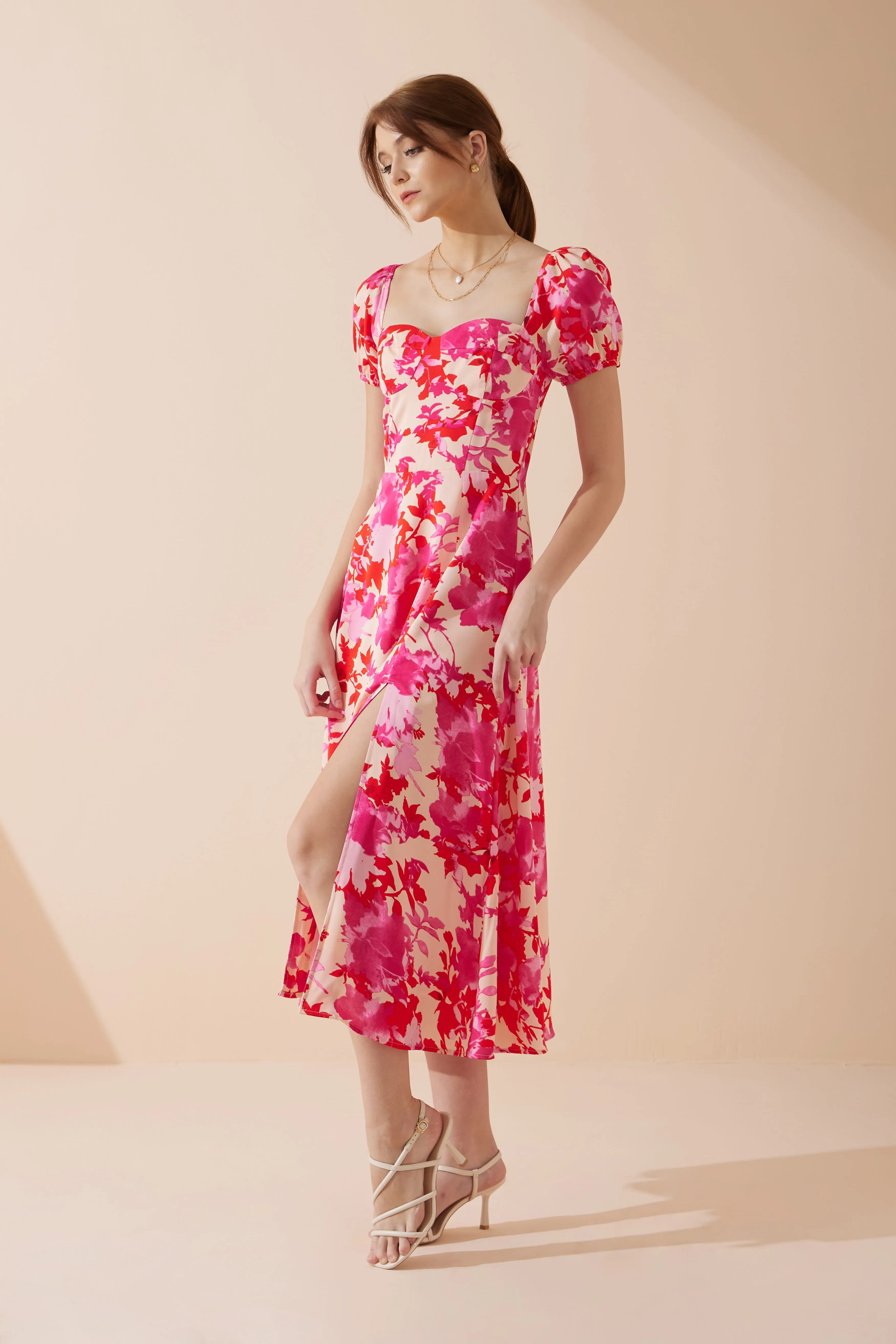 Mabel Pink Red Floral Sweetheart Midi Dress