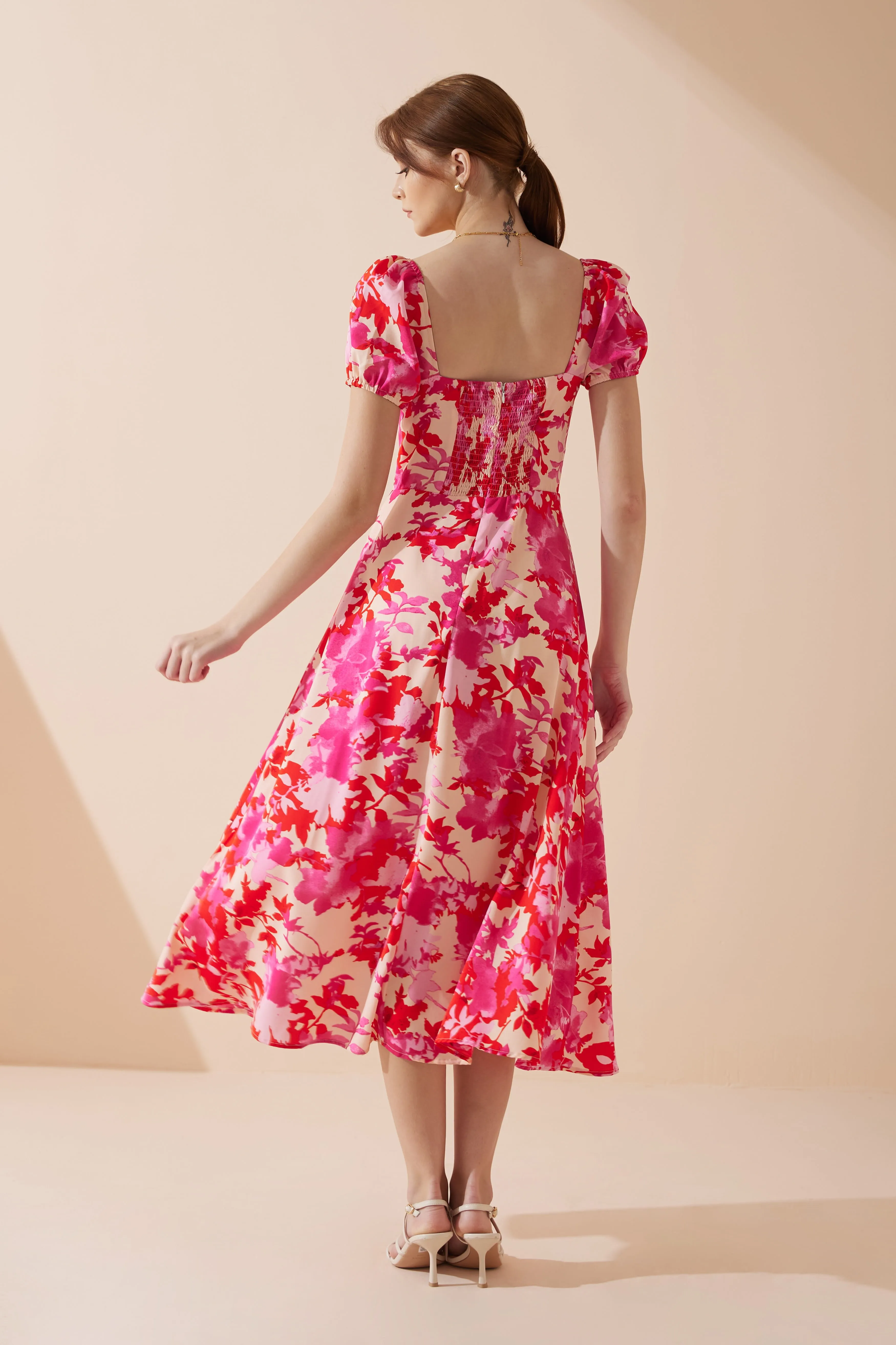 Mabel Pink Red Floral Sweetheart Midi Dress