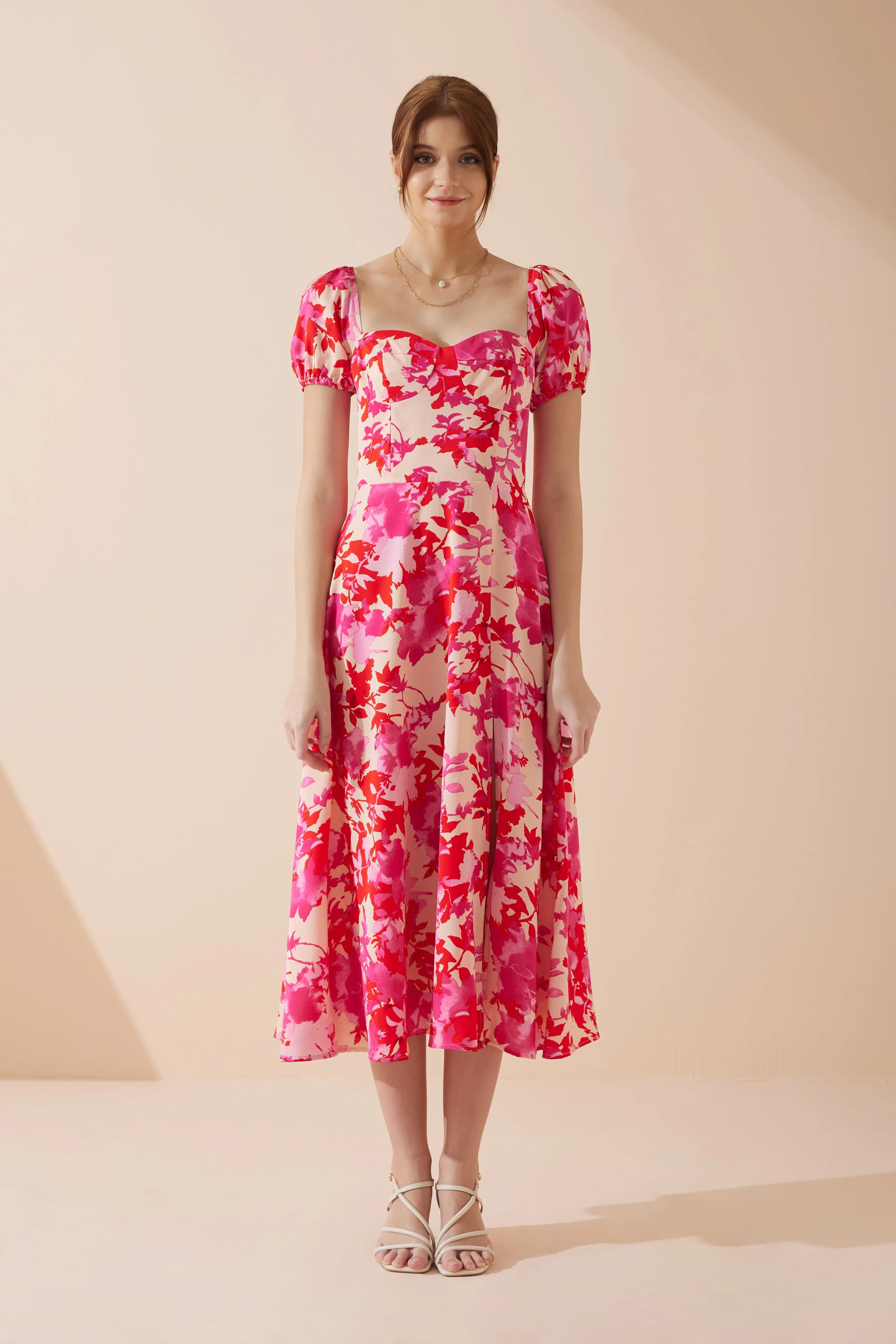 Mabel Pink Red Floral Sweetheart Midi Dress